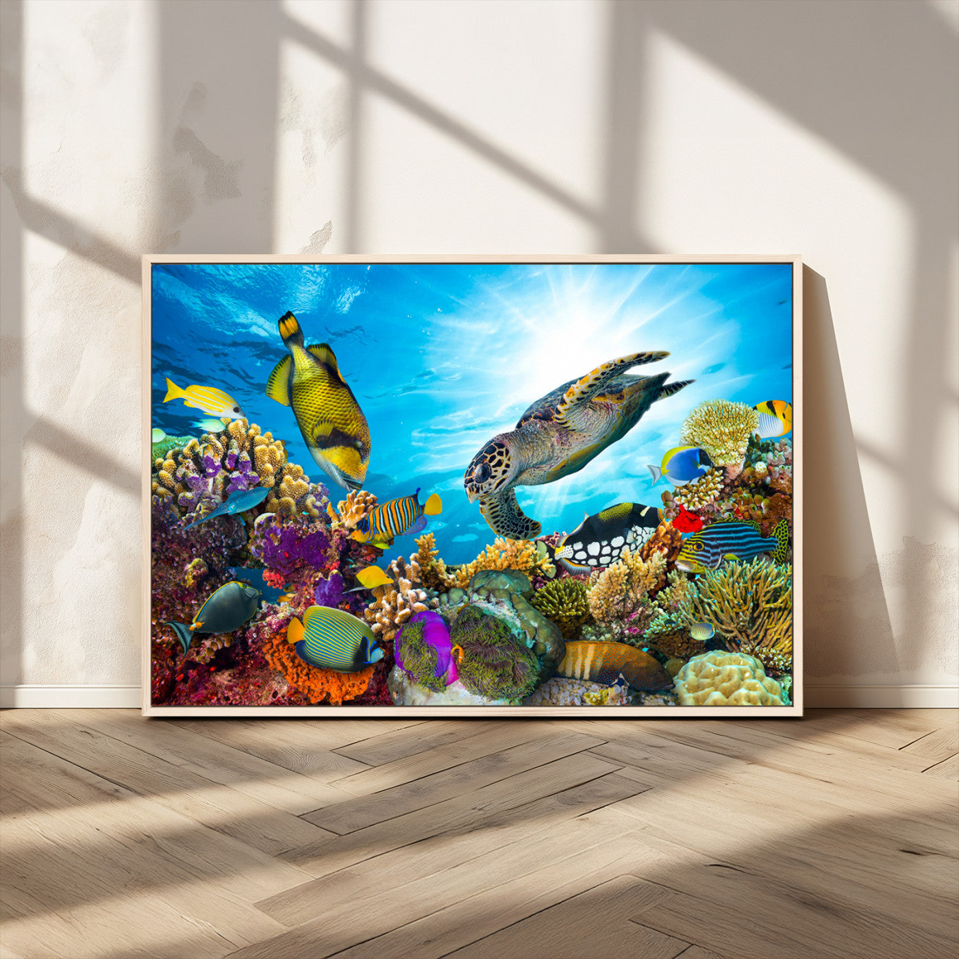 -Colorful Coral Reef and Sea Life Turtle Canvas Print, Underwater Tropical Ocean Wall Art for Home