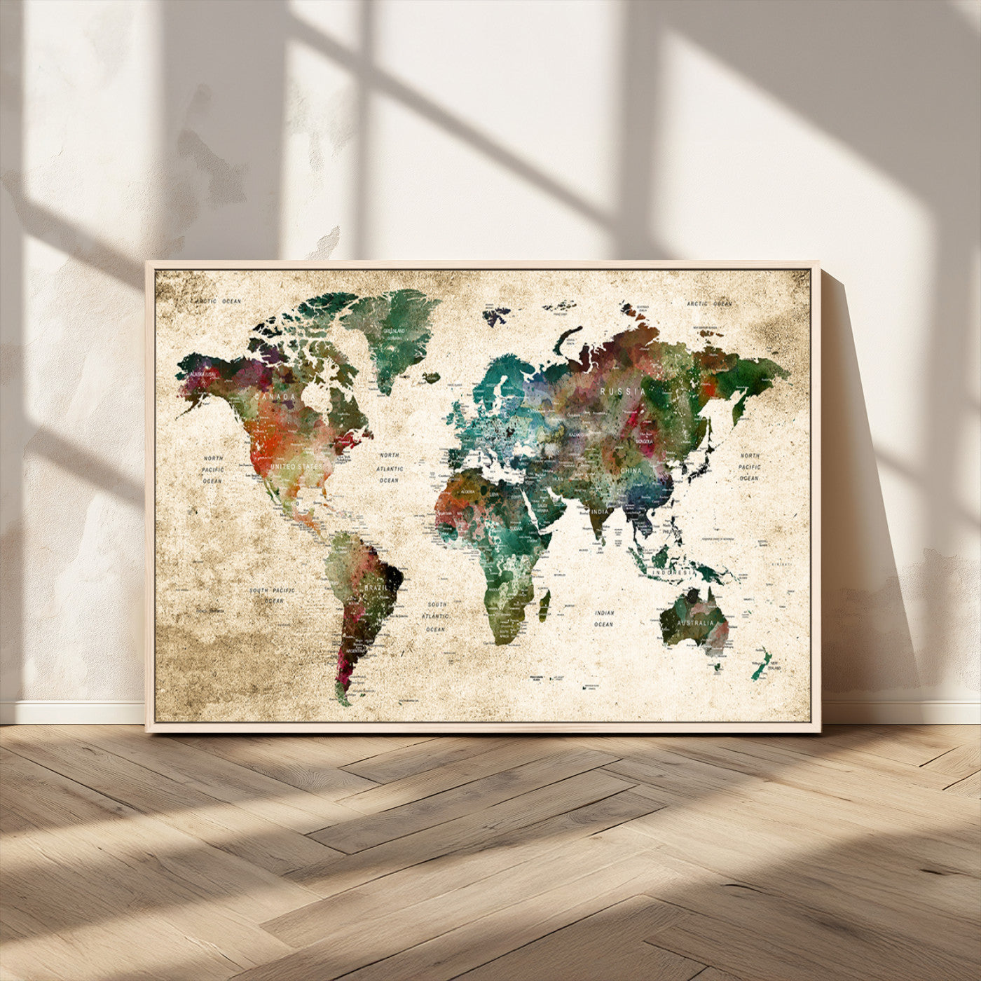45128-MGV-CV-36X24-Push Pin World Map Canvas Print – Framed Wall Art for Couples to Track Their Travels – Anniversary Gift or Home Adventure Decor