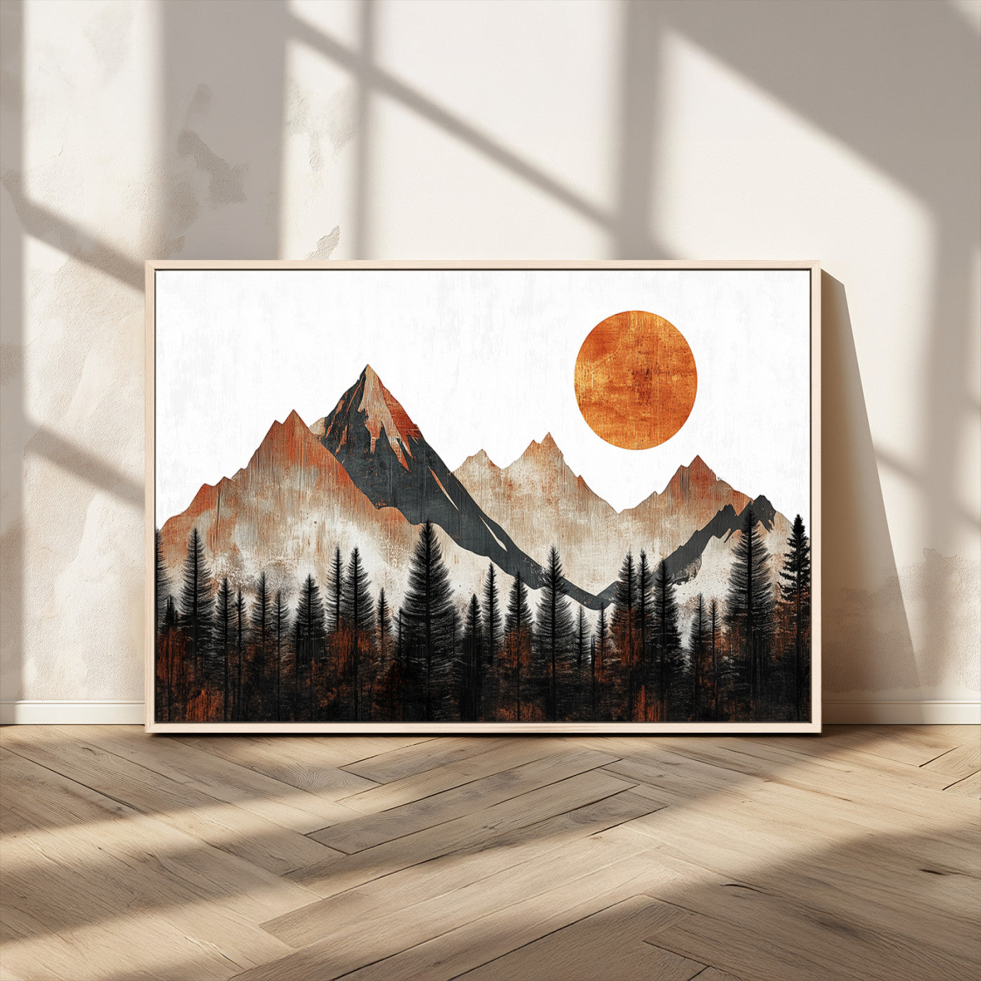 MGV-FC-36X24 - Modern Abstract Mountain Canvas Wall Art Print, Abstract Landscape Print, Rustic Sun and Mountains