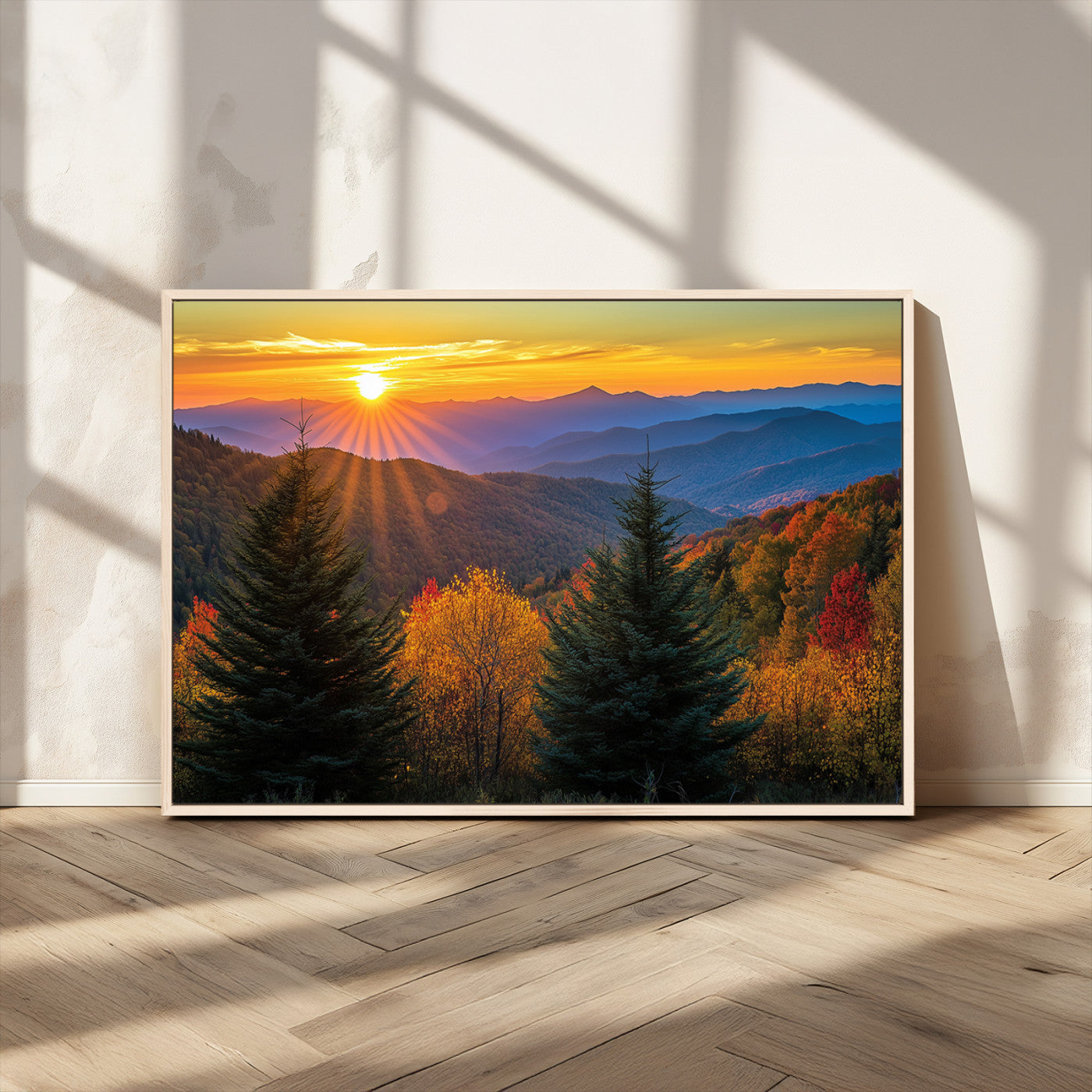 MGV-FC-36X24 - Golden Sunset Over Mountain Forest Canvas Wall Art Print - Warm Nature-Inspired Landscape for Living
