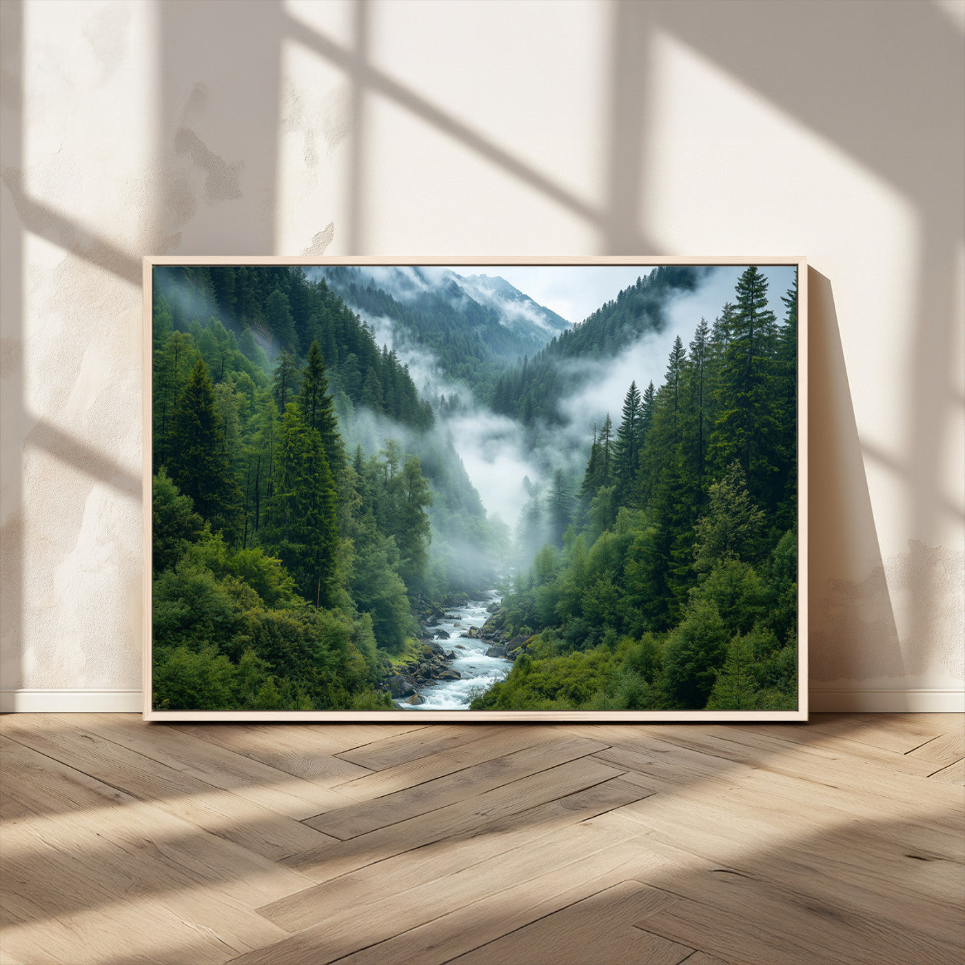 MGV-FC-36X24 - Mountain Forest River Canvas Wall Art Print - Serene Nature Landscape for Living Room, Office, or