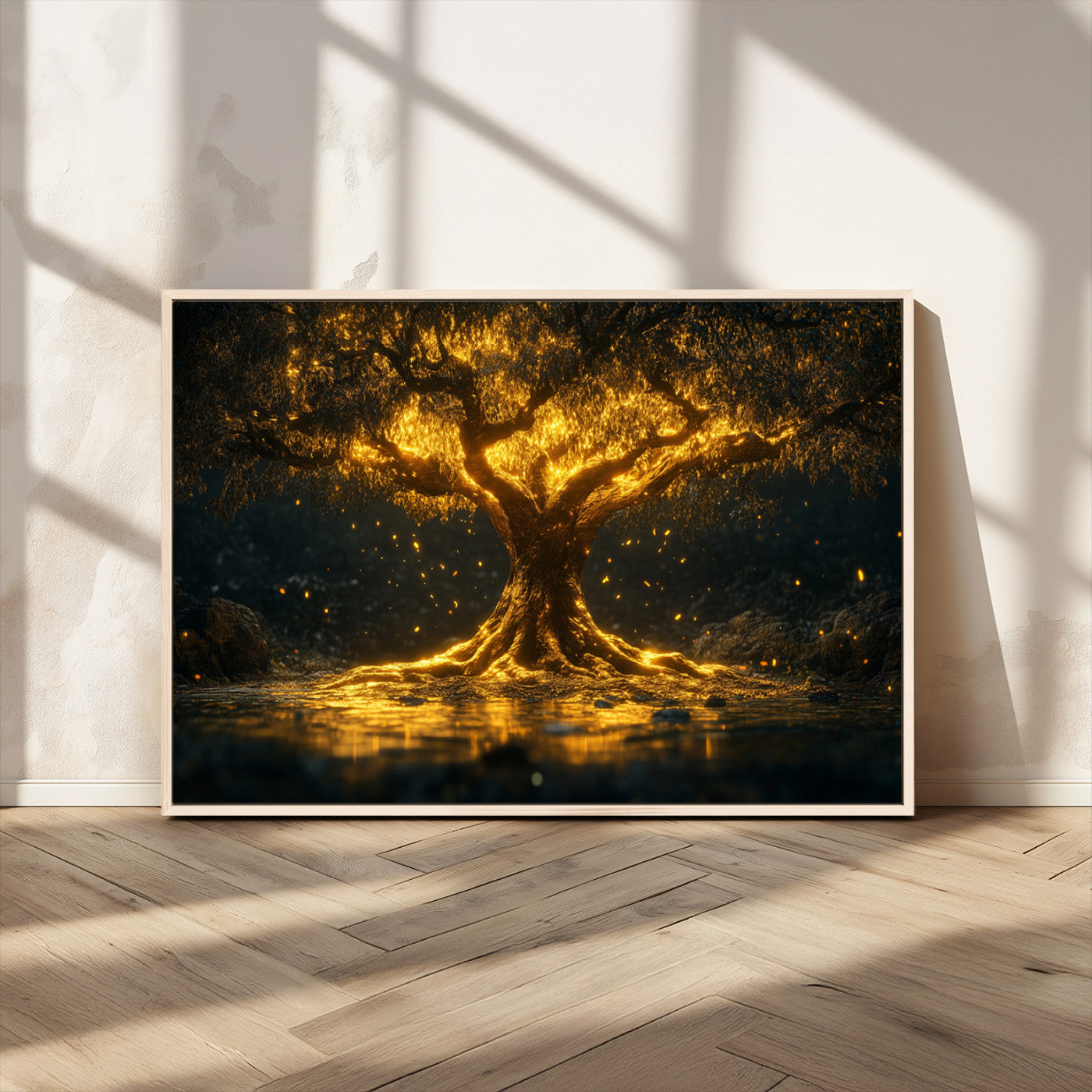 MGV-FC-36X24 - Golden Tree of Life Canvas Wall Art Print - Majestic Glowing Tree Wall Art Print