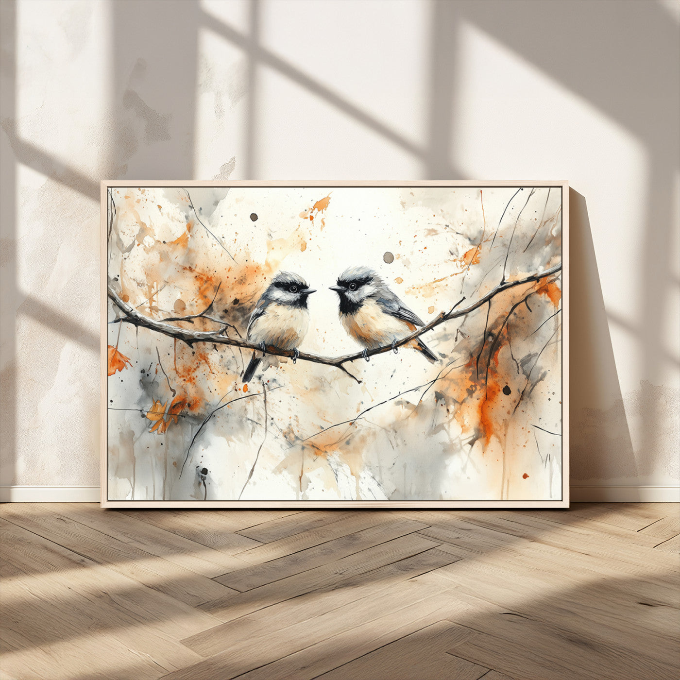 MGV-FC-36X24 - Abstract Watercolor Chickadee Bird Canvas Wall Art Print - Large Bird and Branch Wall Art, Modern
