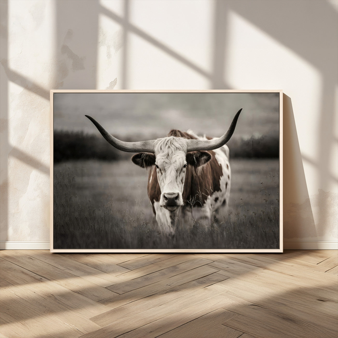 MGV-FC-36X24 - Texas Longhorn Cow Canvas Wall Art Print - Large Rustic Longhorn Art for Living Room, Western Wall