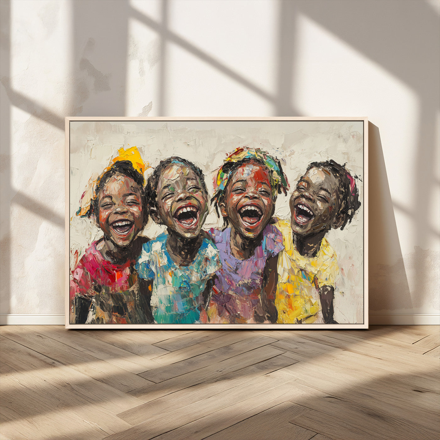 MGV-FC-36X24 - Shai Yossef style Joyful Childhood Canvas Wall Art - Expressive Impasto Painting of Black Children