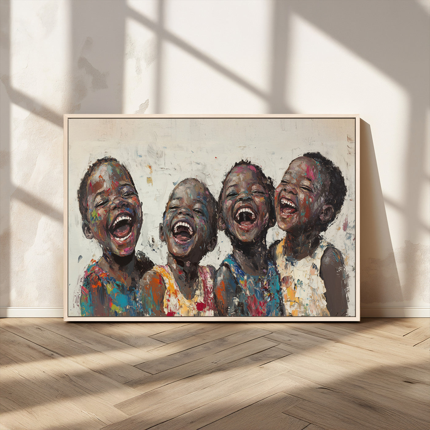 85256-MGV-CV-36X24-Shai Yossef Print - Joyful Childhood Canvas Wall Art - Expressive Impasto Painting of Laughing