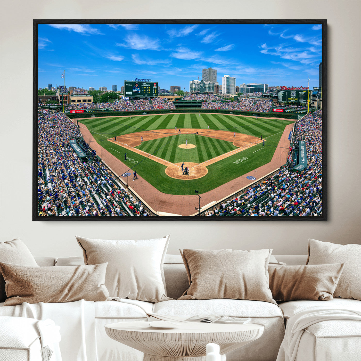 26064-MGV-CV-30X20-Framed Wrigley Field Chicago Cubs Print, Panoramic Multi Piece Canvas Wall Art - Iconic Baseball Stadium Print for Sports Lovers - Ready to