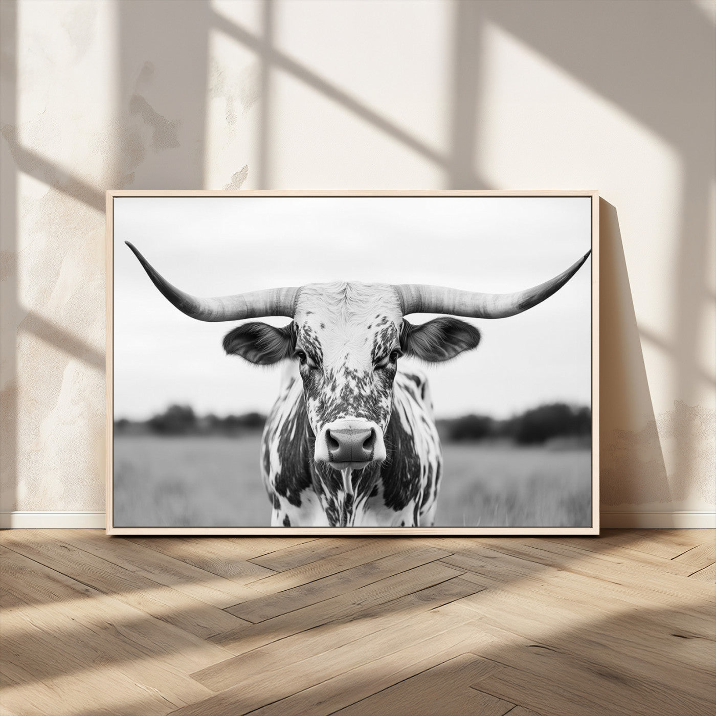 MGV-FC-36X24 - Highland Cow Wall Art - Black and White Western Longhorn Canvas Print - Farmhouse Living Room Decor