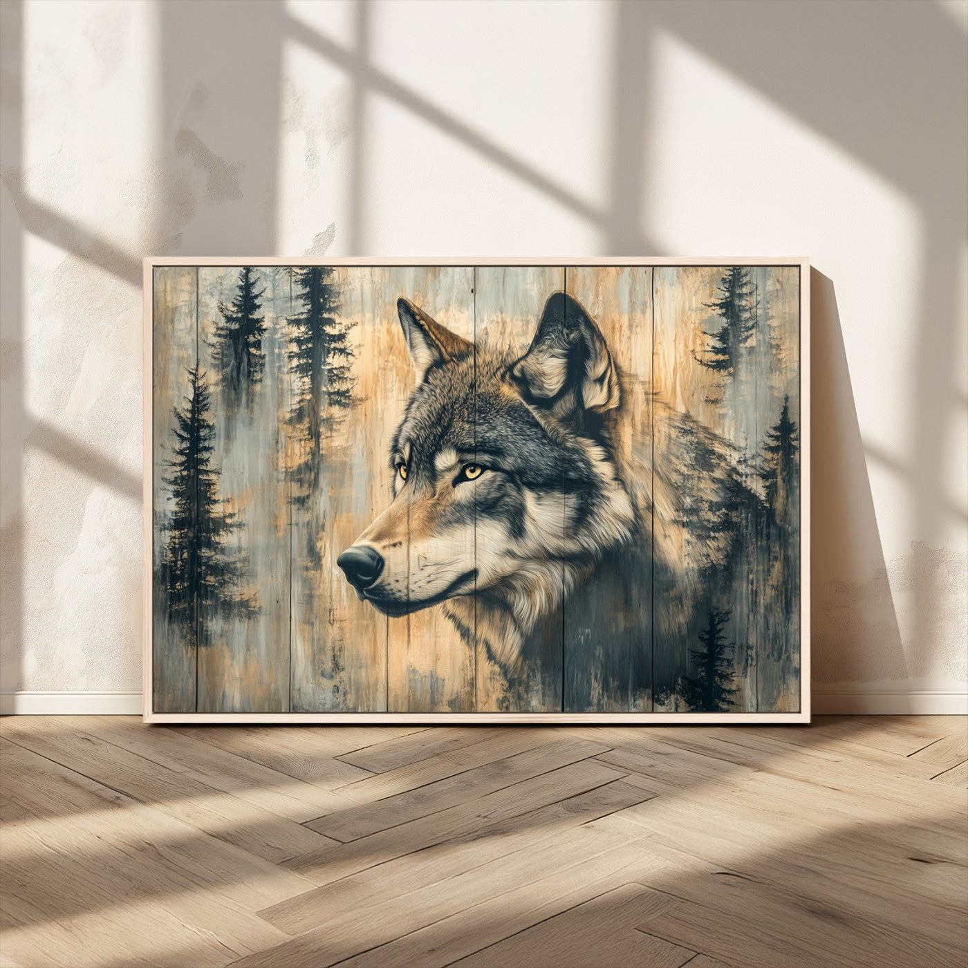 MGV-FC-36X24 - Wood Style Rustic Wolf Wall Art Canvas Print, Vintage Woodland Wolf Wall Art, Framed Wood Style Wolf