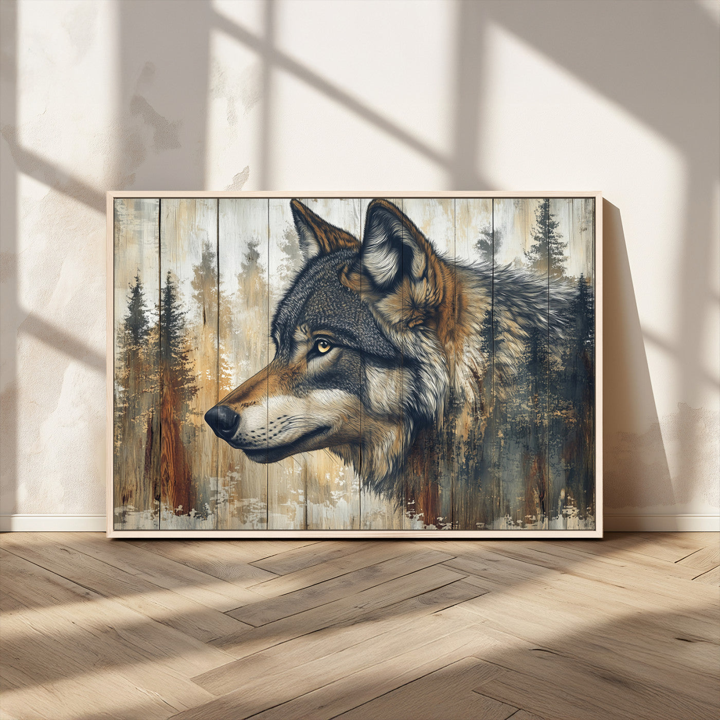 MGV-FC-36X24 - Rustic Wolf Wall Art Canvas Print, Vintage Woodland Wolf Wall Art