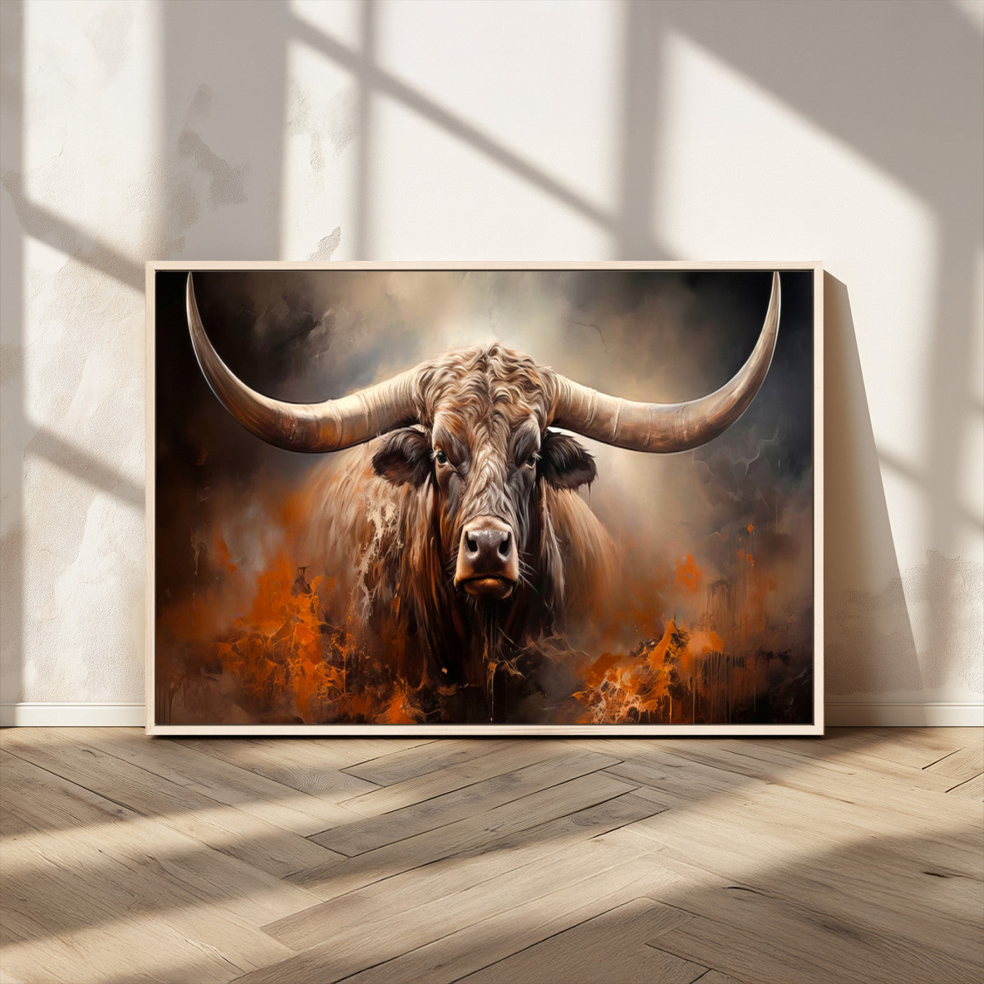MGV-FC-36X24 - Highland Bull Canvas Abstract Canvas Wall Art Print – Powerful Highland Bull with Striking Horns in