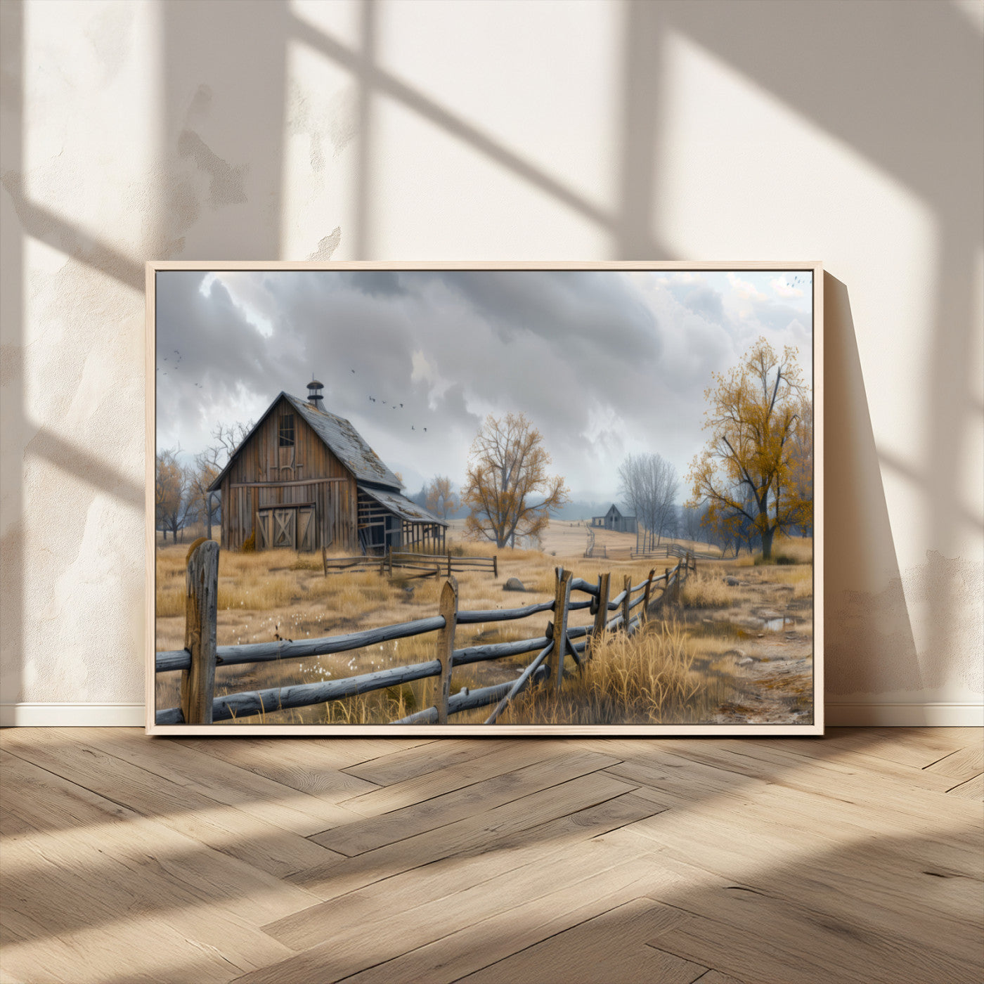 MGV-FC-36X24 - Rustic Autumn Farmhouse Wall Art Canvas Print – Serene Countryside Scene with Weathered Barn and