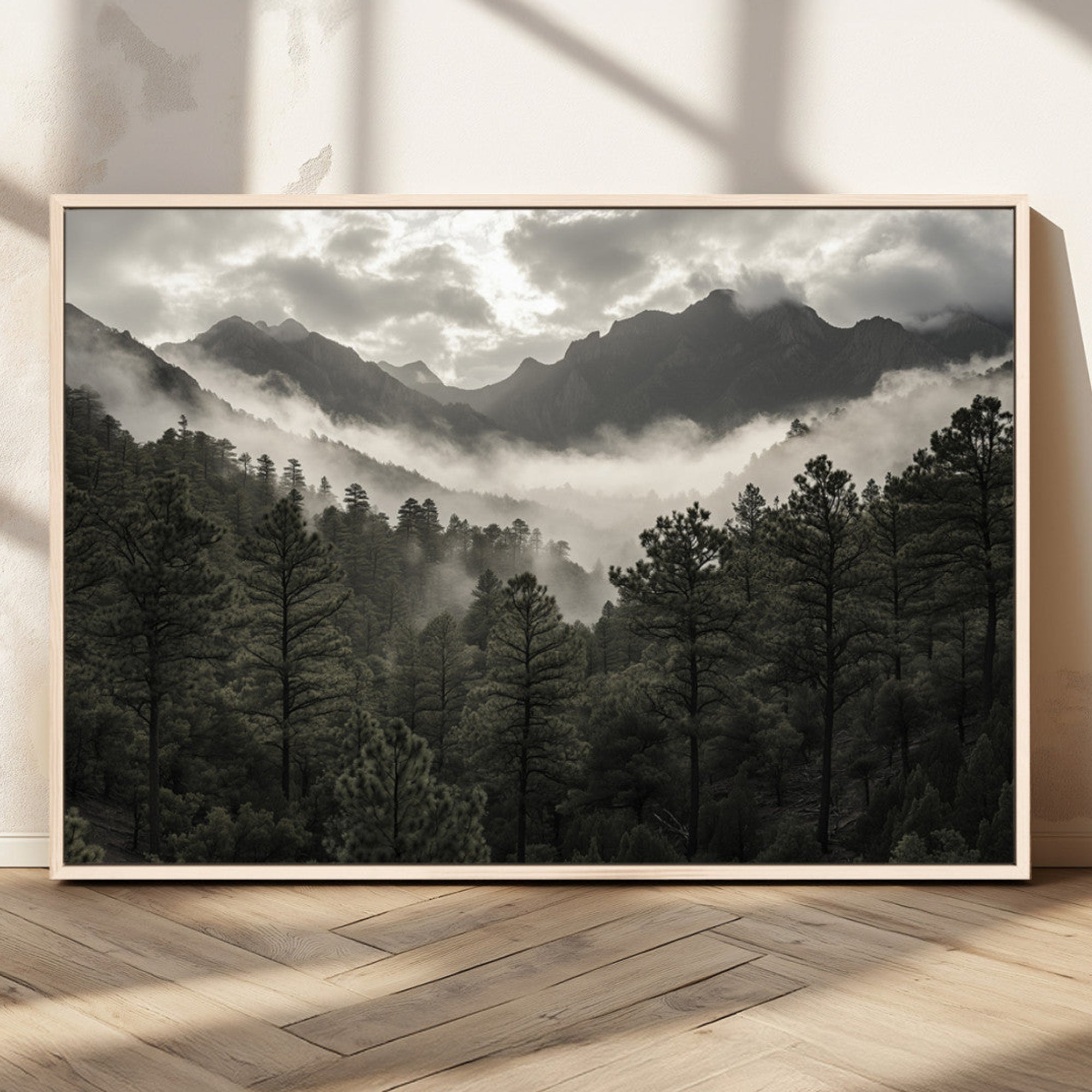 96173787-MGV-CV-36X24-Moody Forest Wall Art – Framed Mountain Fog Canvas Artwork, Misty Woodland Design, Tranquil Nature Decor for Home, Office