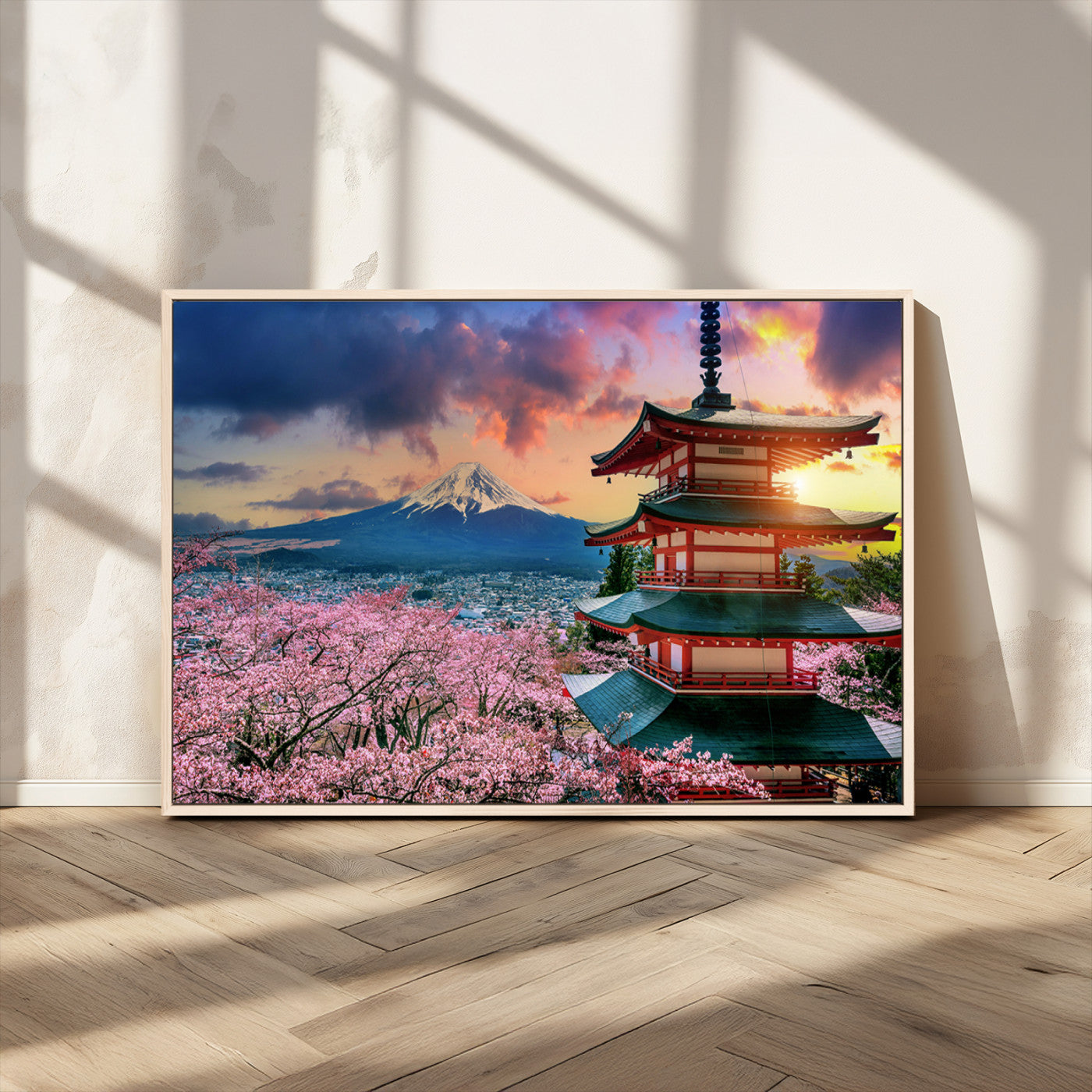 MGV-FC-36X24 - Mount Fuji & Cherry Blossom Wall Art Canvas Print – Iconic Japanese Landscape, Sakura Pagoda Sunset,