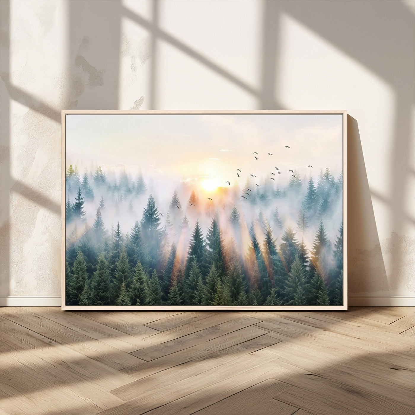 MGV-FC-36X24 - Misty Pine Forest Wall Art Canvas, Sunrise Over Foggy Trees Canvas for Home - Office, Framed