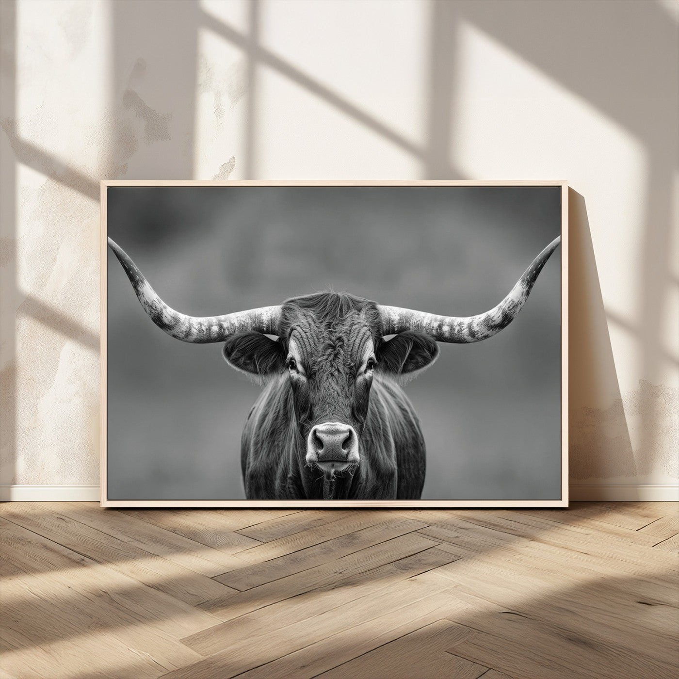 MGV-FC-36X24 - Framed Texas Longhorn Bull Art Canvas Print, Western Bull Wall Art Print, Long Horn Bull Photo Print