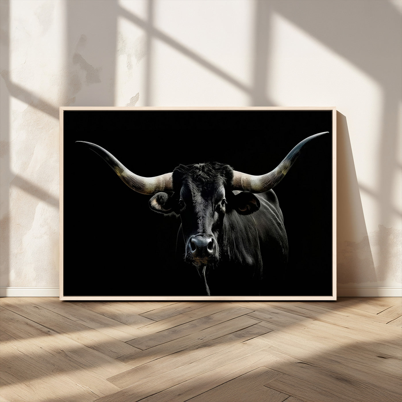 MGV-FC-36X24 - Texas Black Bull Wall Art Print, Longhorn Bull Canvas Wall Art