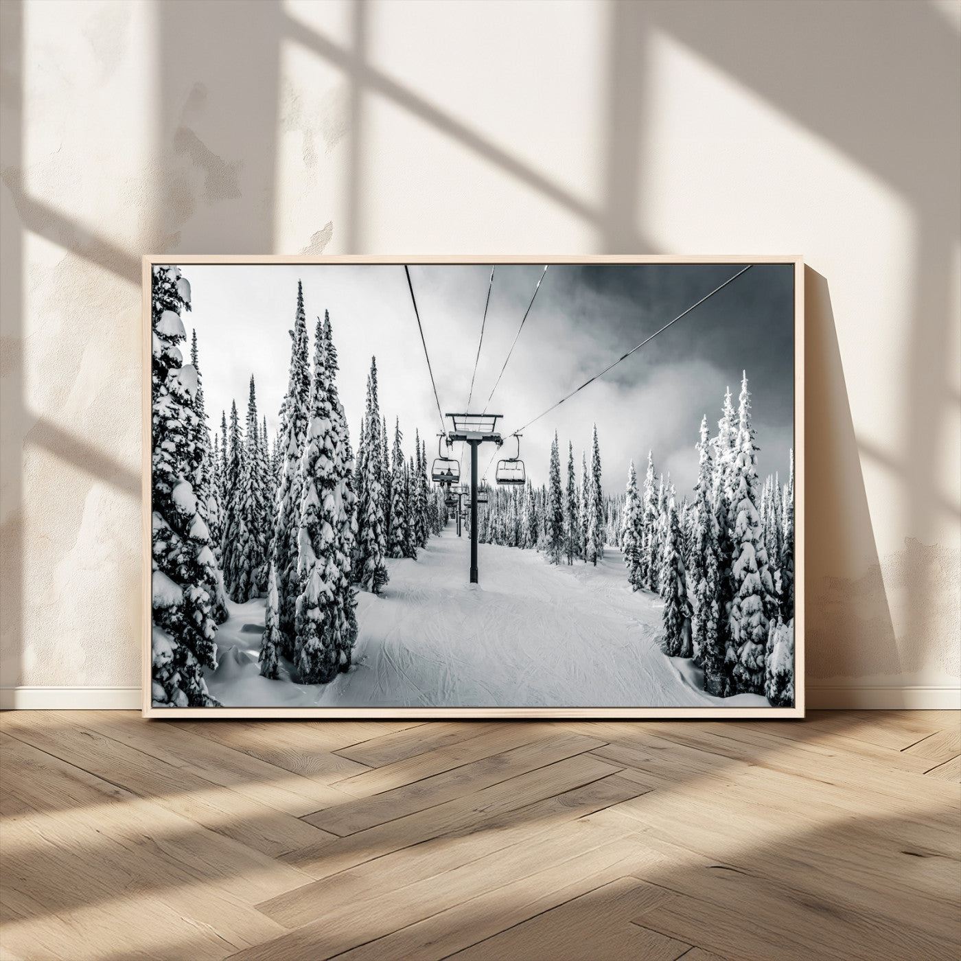MGV-FC-36X24 - Snowy Pines Wall Art Canvas Print, Framed Ski Lift Art Picture Print, Winter Forest Perfect Moody Lodge Decor Artwork