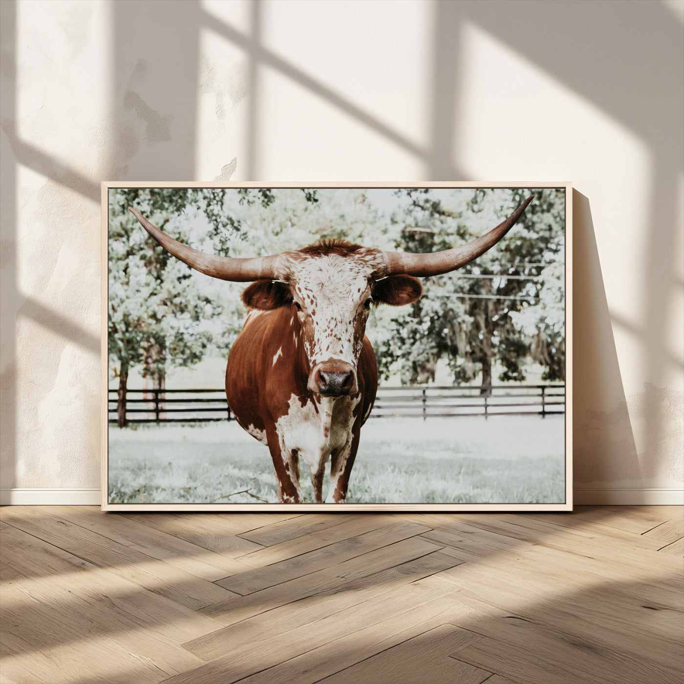 MGV-FC-36X24 - Texas Longhorn Wall Art Canvas Print, Framed Spotted Cow Art Picture Print, Horned Cattle Perfect Rustic Western Decor Artwork