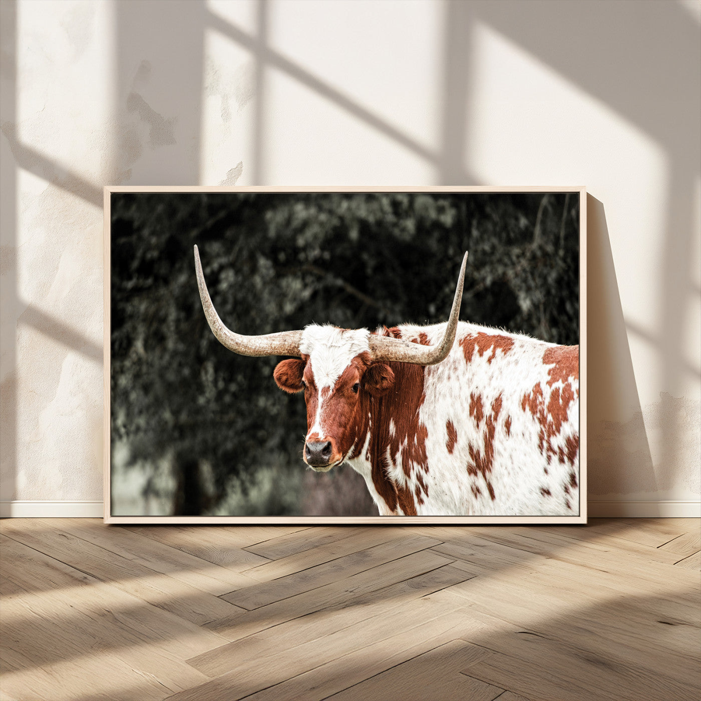 MGV-FC-36X24 - Texas Longhorn Wall Art Canvas Print, Framed Spotted Cow Art Picture Print, Horned Bull Perfect Rustic Western Decor Artwork