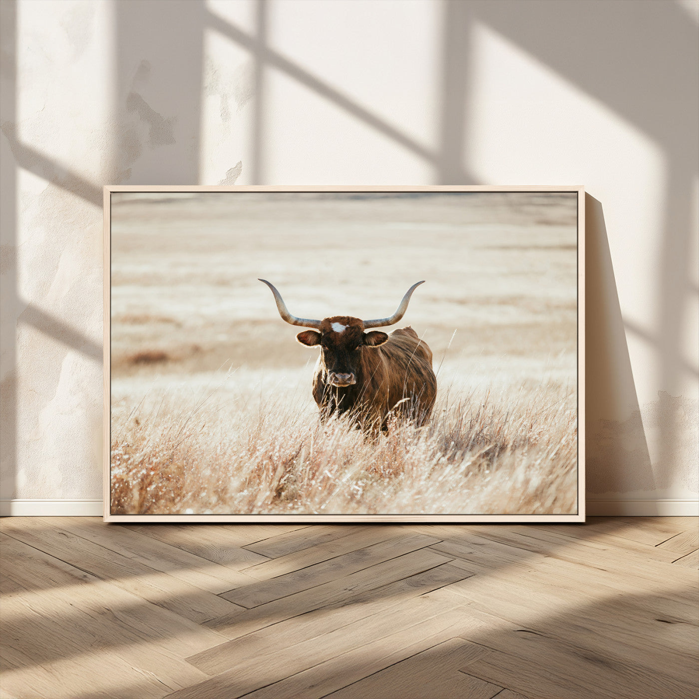 MGV-FC-36X24 - Texas Longhorn Wall Art Canvas Print, Framed Brown Cattle Art Picture Print, Horned Bull Perfect Rustic Western Decor Artwork