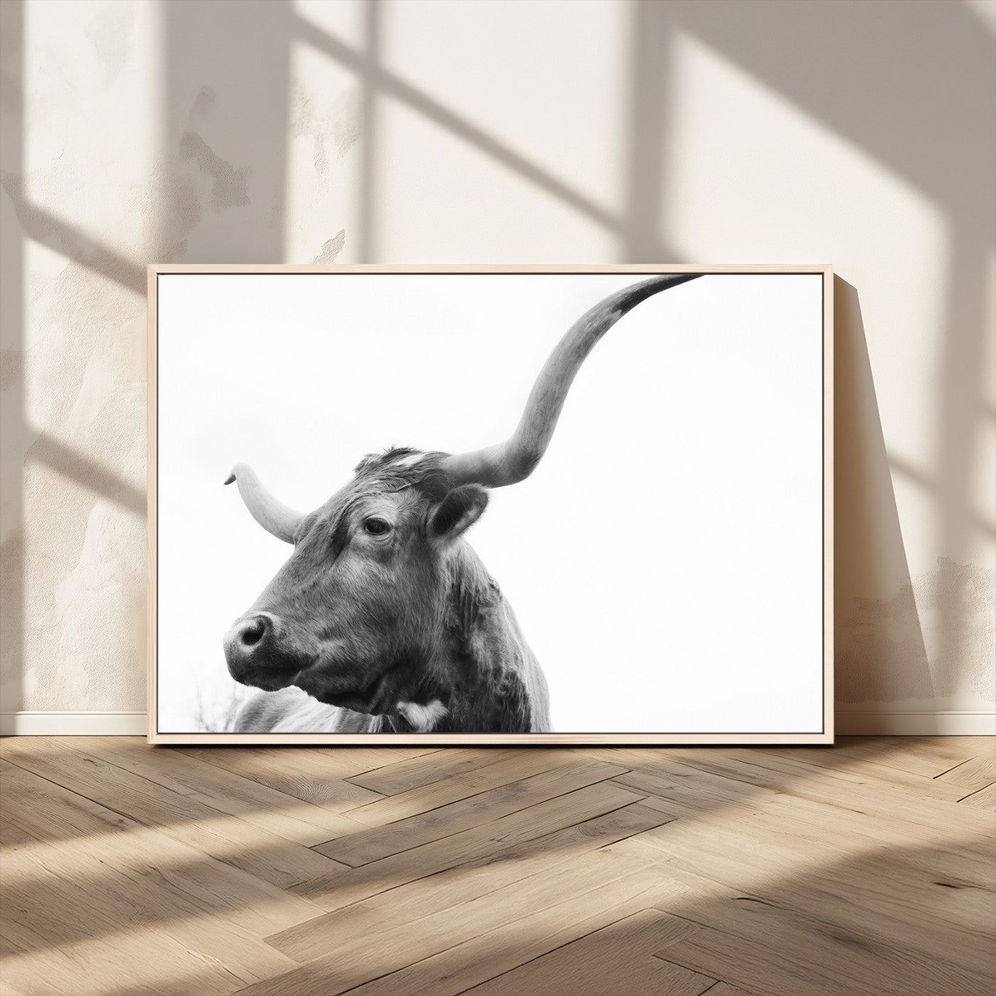 MGV-FC-36X24 - Longhorn Wall Art Wall Art Canvas Print, Framed Modern Ranch Style Art Art Picture Print, Monochrome Cow Print Perfect Rustic Western Decor Artwork