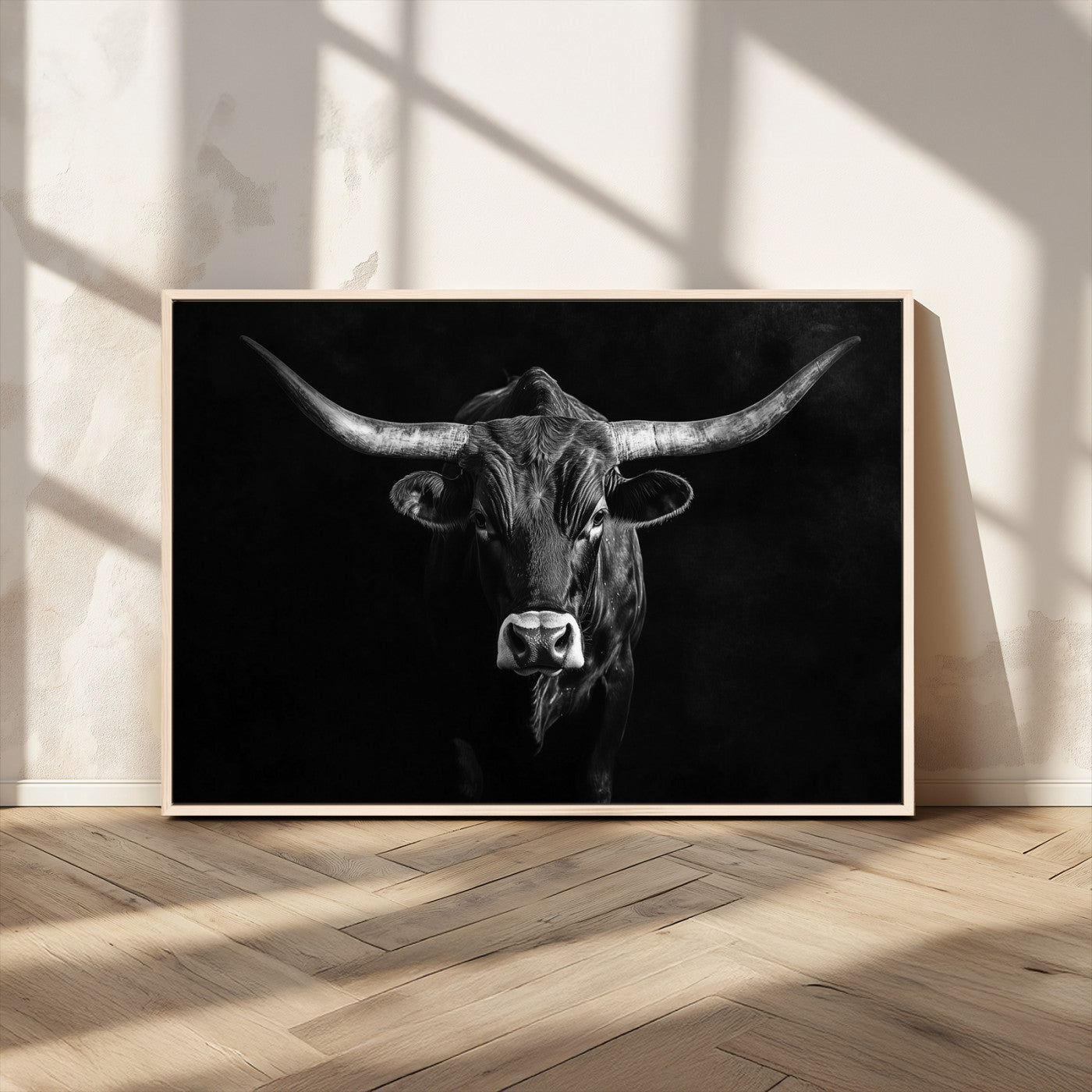 MGV-FC-36X24 - Texas Longhorn Wall Art Canvas Print, Framed Monochrome Bull Art Picture Print, Horned Bull Perfect Rustic Western Decor Artwork