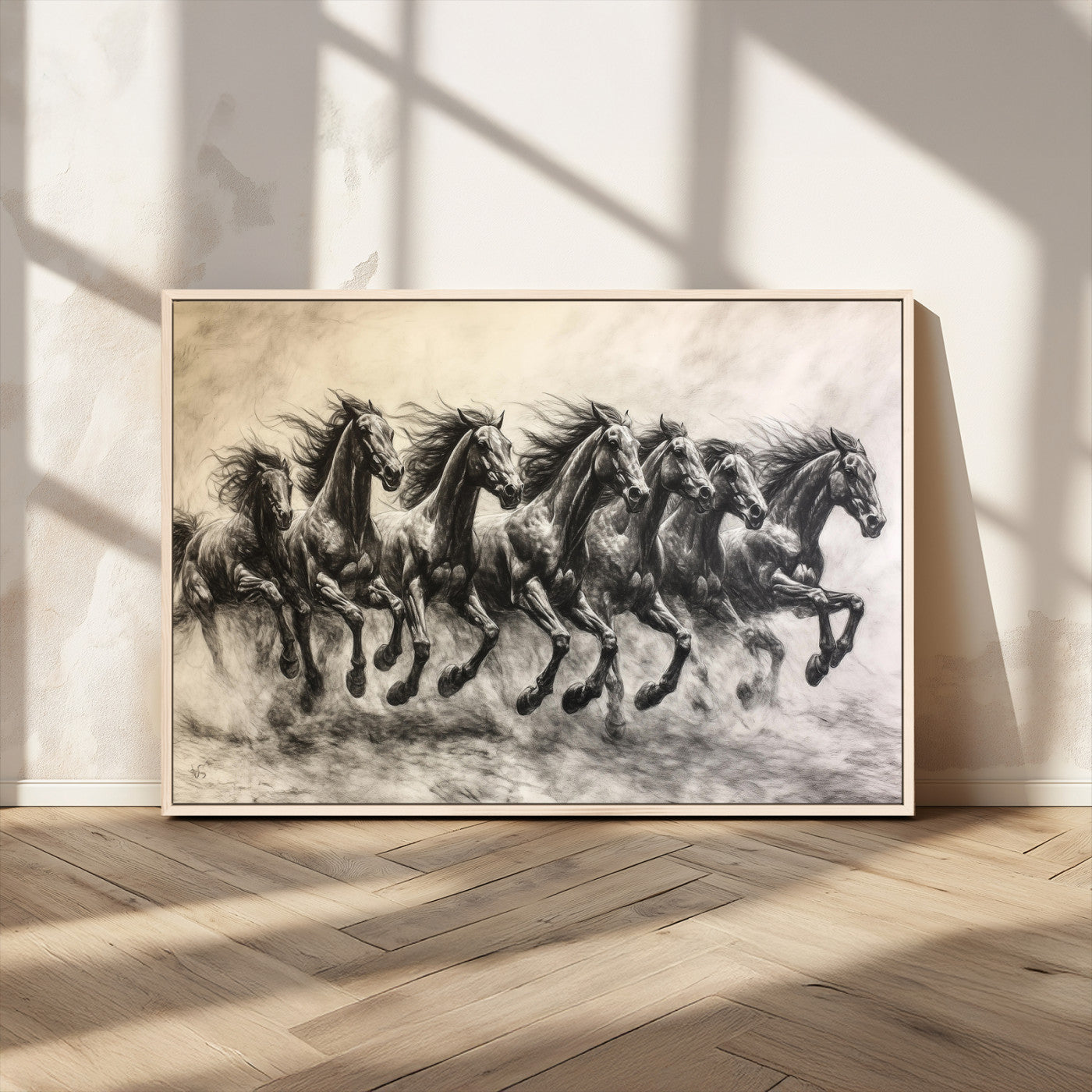 Monochrome drawing of a herd of galloping horses, perfect for dynamic and wild-themed decor in any equestrian or nature-inspired room.