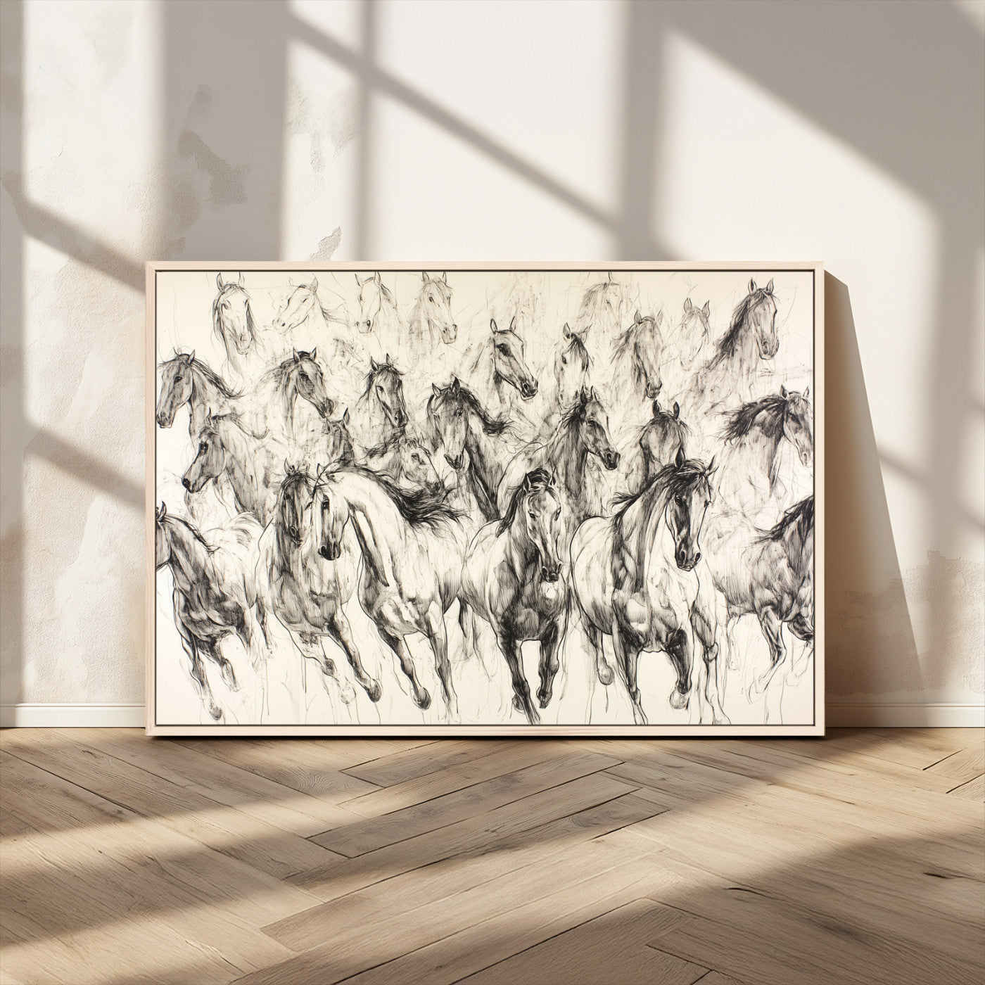 Monochrome ink sketch of galloping horses in dynamic motion, perfect for western or equine-themed wall decor with bold artistic energy.