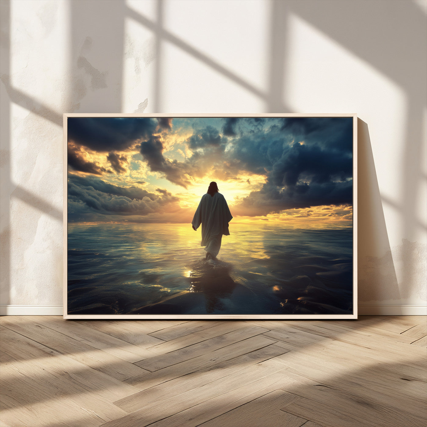 MGV-FC-36X24 - Jesus Walks Wall Art Canvas Print, Framed Divine Sunset Art Picture Print, Spiritual Light Perfect Spiritual Tranquil Decor Artwork