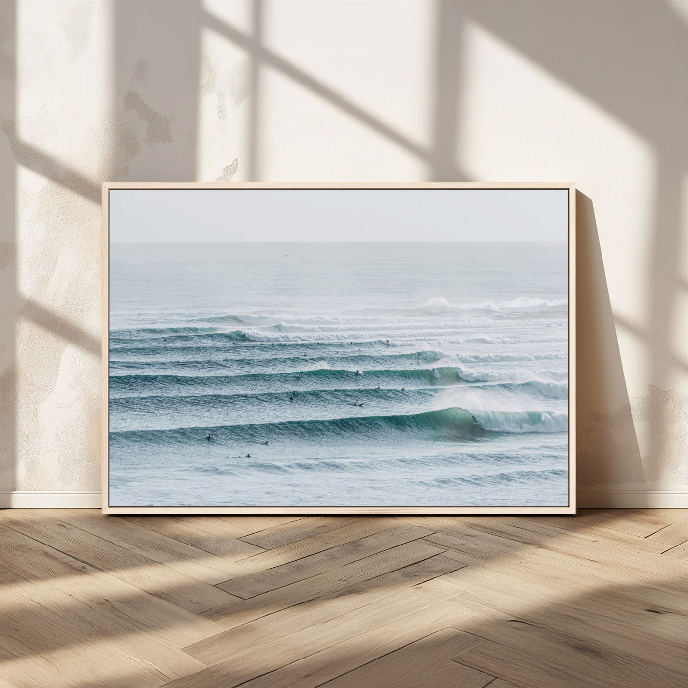 MGV-FC-36X24 - Ocean Waves Wall Art Canvas Print, Framed Surfer Lineup Art Picture Print, Crowded Ocean Perfect Minimal Coastal Decor Artwork