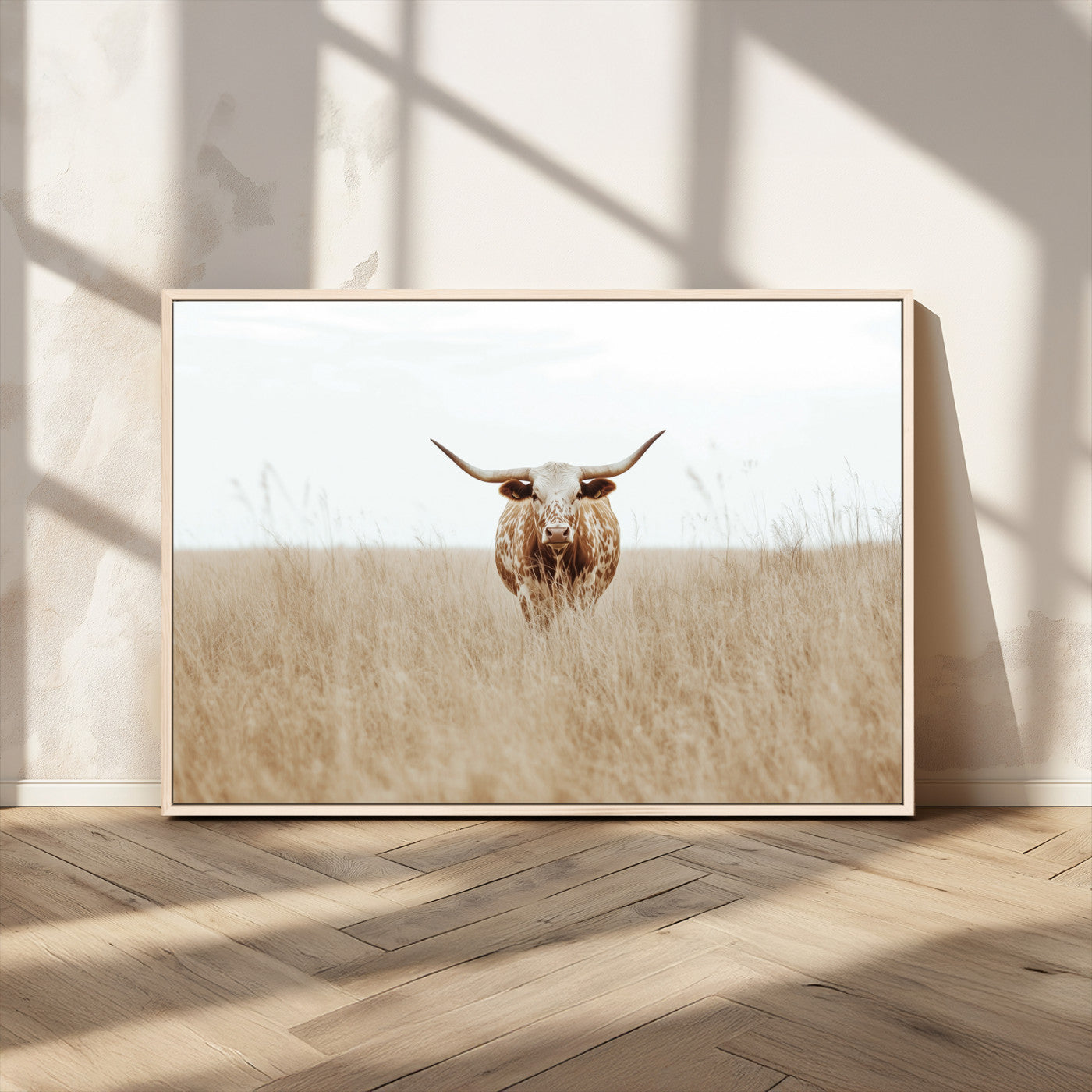 MGV-FC-36X24 - Texas Longhorn Wall Art Canvas Print, Framed Lone Cattle Art Picture Print, Longhorn Bull Perfect Rustic Western Decor Artwork
