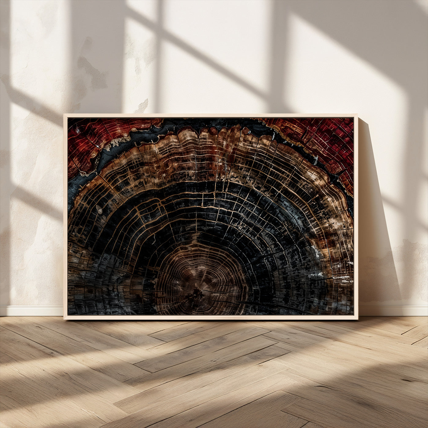 MGV-FC-36X24 - Dark Wood Ring Wall Art Canvas Print, Framed Abstract Wood Tree Art Picture Print, Rustic Tree Slice Perfect Rustic Decor Artwork
