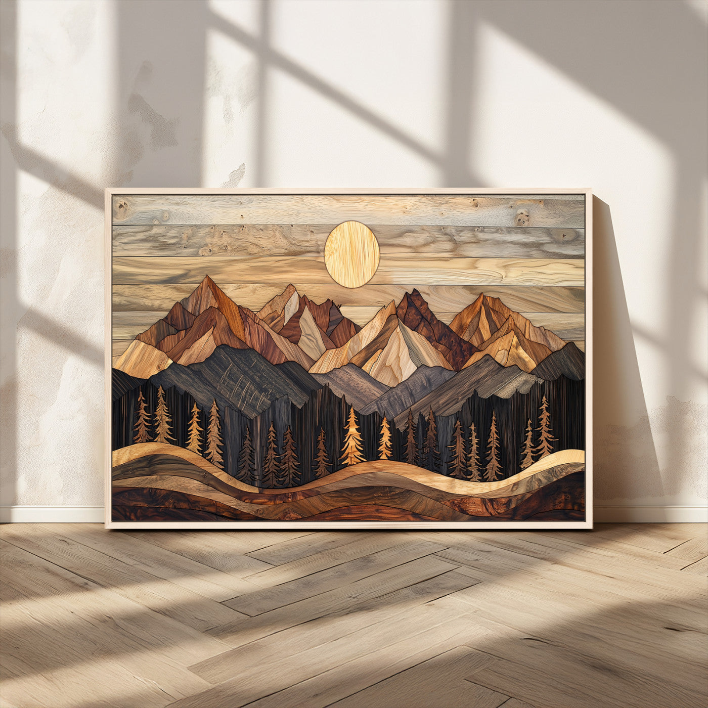 MGV-FC-36X24 - Wood Mountain Wall Art Canvas Print, Framed Boho Wood Art Picture Print, Abstract Woodland Perfect Farmhouse Decor Artwork