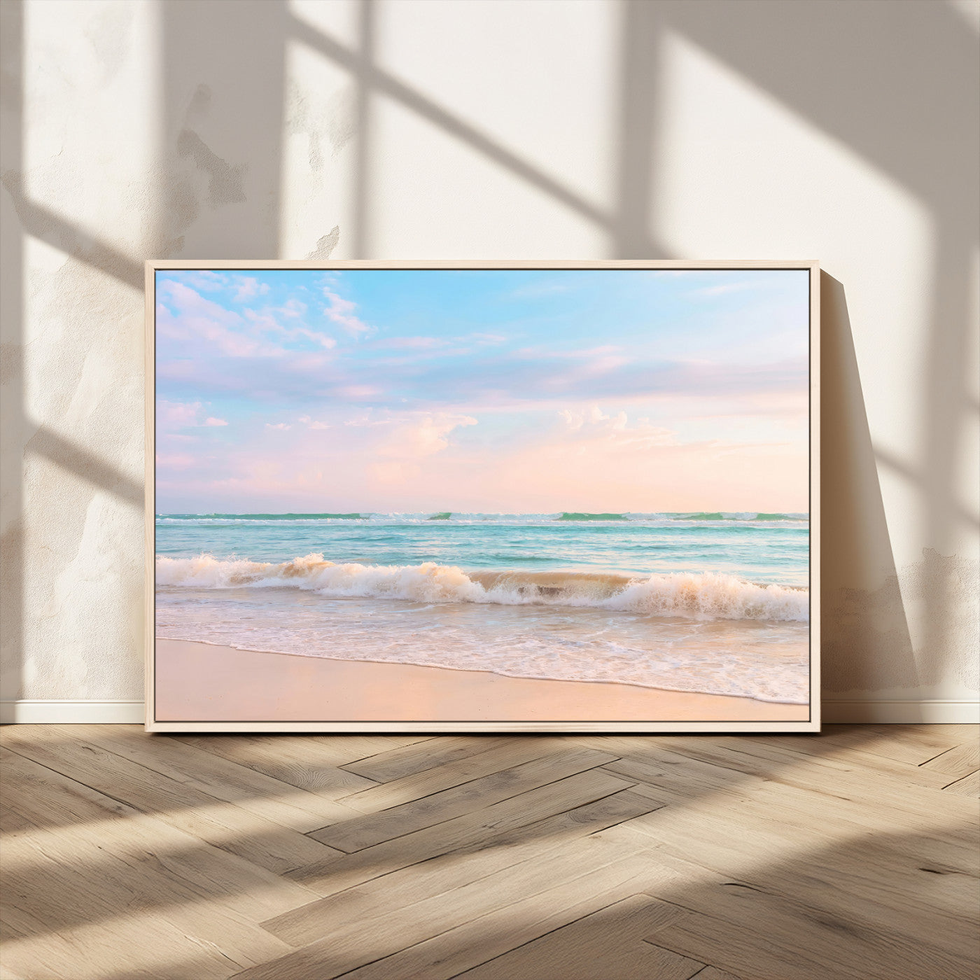 74679437-MGV-CV-36X24 - Serene Waves Wall Art – Golden Shore & Soft Pastel Sky Canvas Print, Gentle Ocean and Peaceful Sunset for Living Room or Office