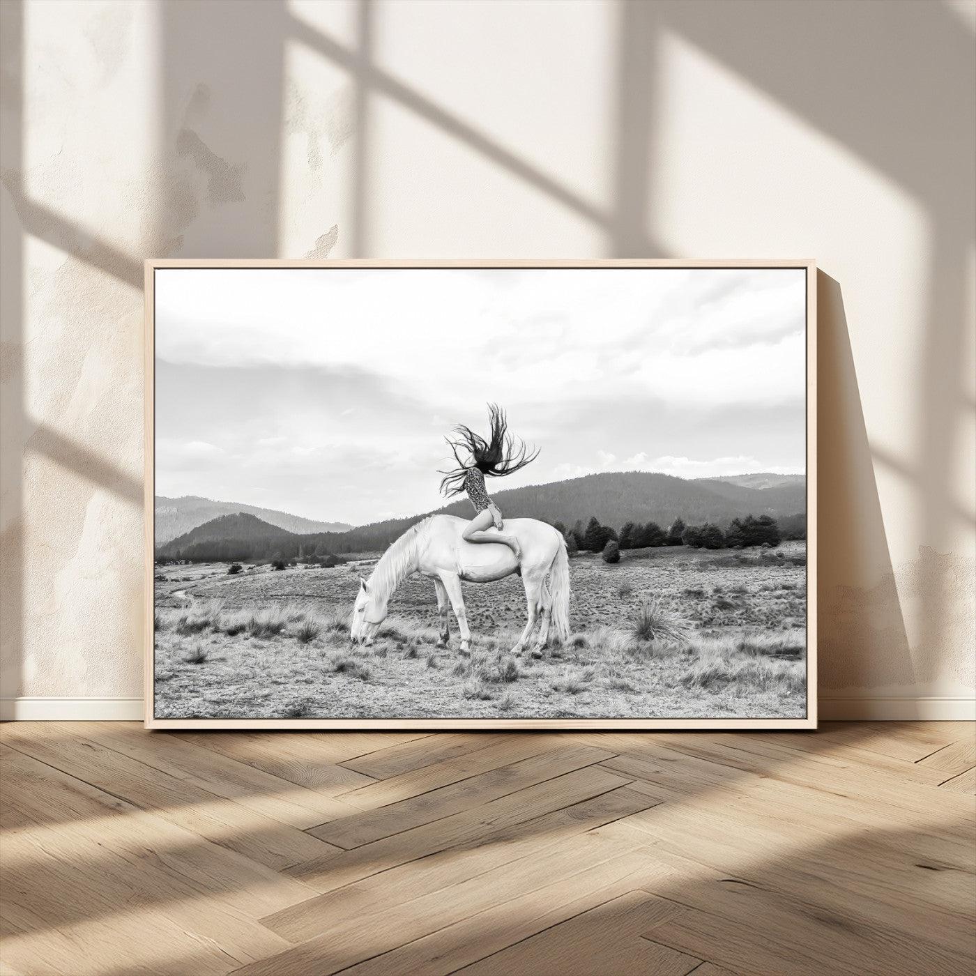 MGV-FC-36X24 - White Horse Wall Art Canvas Print, Framed Woman Rider Art Picture Print, Equestrian Pose Perfect Western Boho Decor Artwork