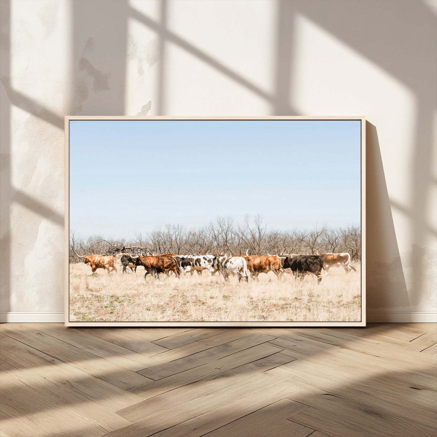 MGV-FC-36X24 - Texas Longhorns Wall Art Canvas Print, Framed Western Cattles Art Picture Print, Rustic Herd Perfect Rustic Farmhouse Decor Artwork