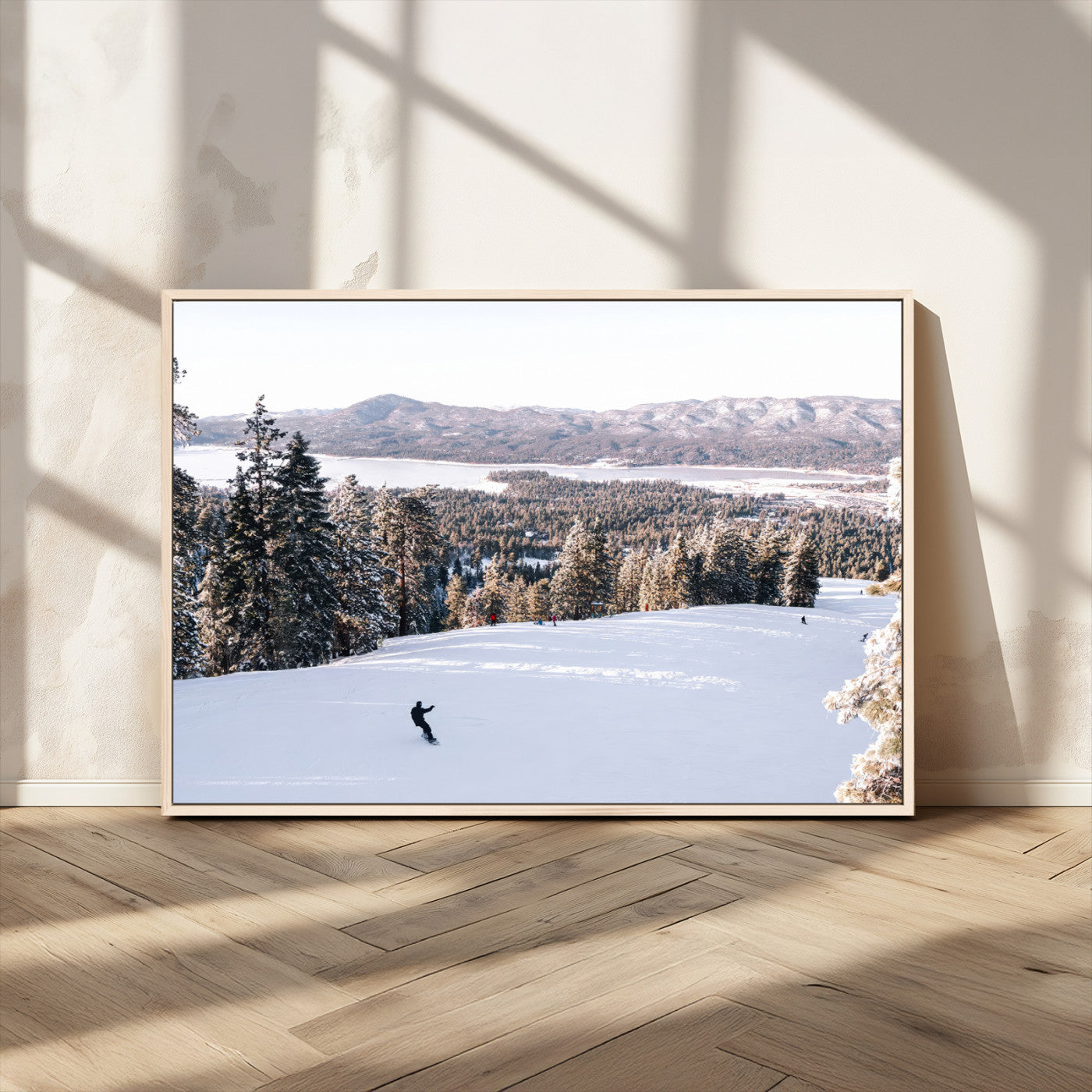 79857868-MGV-CV-36X24 - Snowboarder Wall Art – Winter Slope Canvas Print, Pine Forest, Snow-Covered Mountains, Outdoor Adventure for Living Room or Cabin Decor