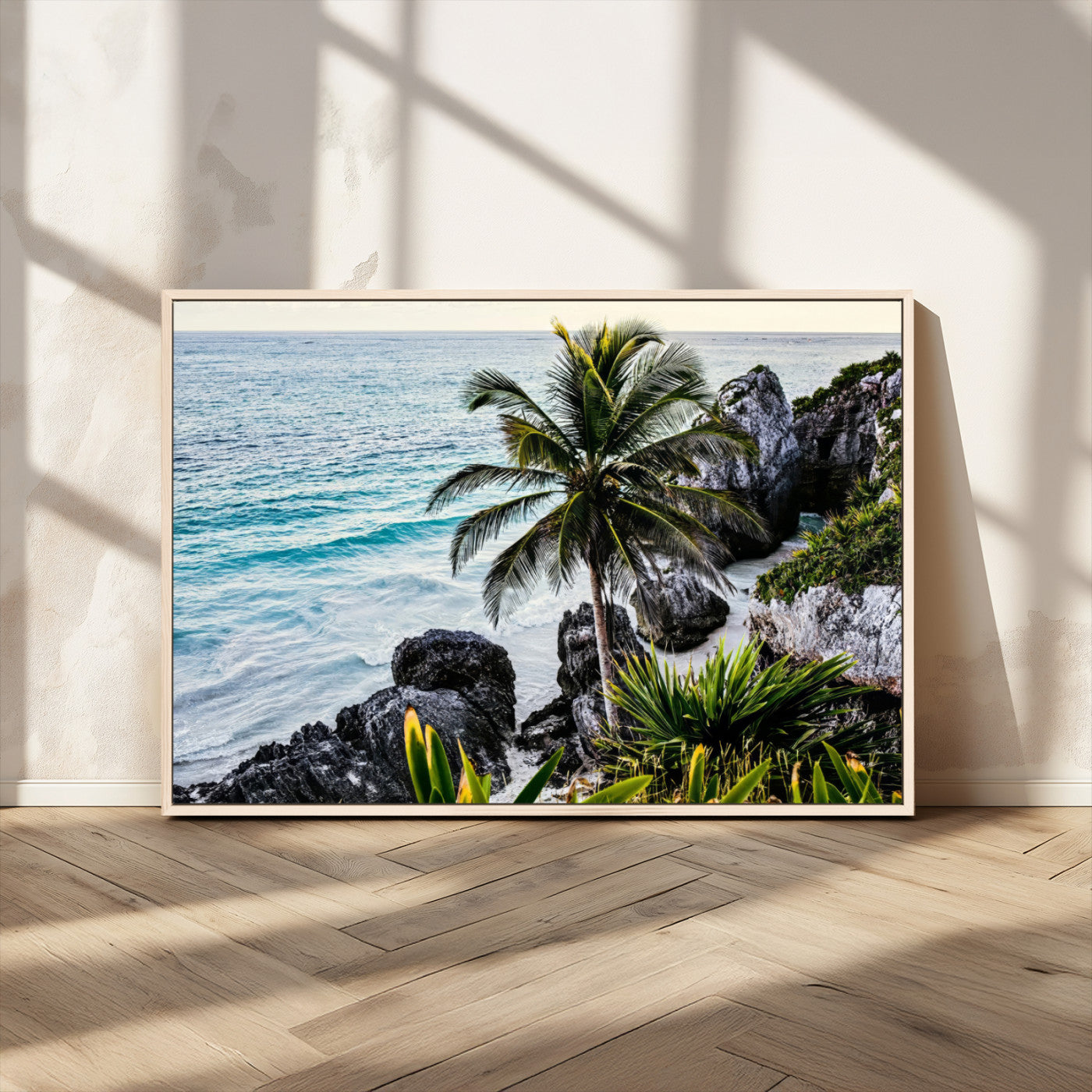 94669907-MGV-CV-36X24 - Tropical Palm Wall Art – Coastal Rocks Canvas Print, Ocean Breeze, Sandy Shore, Vibrant Green Foliage for Living Room or Beach House Decor