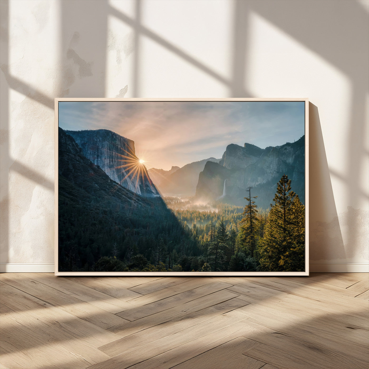 51605481-MGV-CV-36X24 - Yosemite Valley Wall Art – Misty Forest Peaks Canvas Print, Radiant Light, Tranquil Nature Landscape for Living Room or Cabin Decor