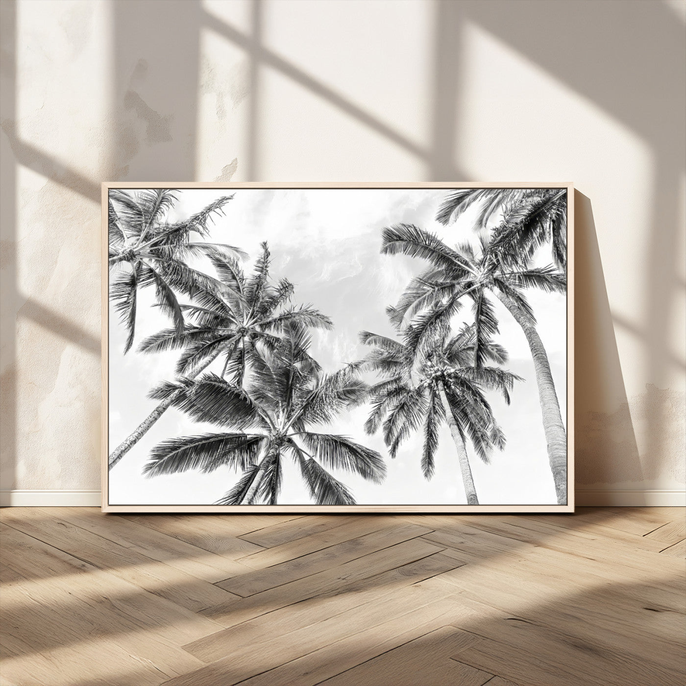 MGV-FC-36X24 - Black White Palm Wall Art Canvas Print, Framed Monochrome Tropics Art Picture Print, Minimalist Beach Perfect Coastal Minimalist Decor Artwork