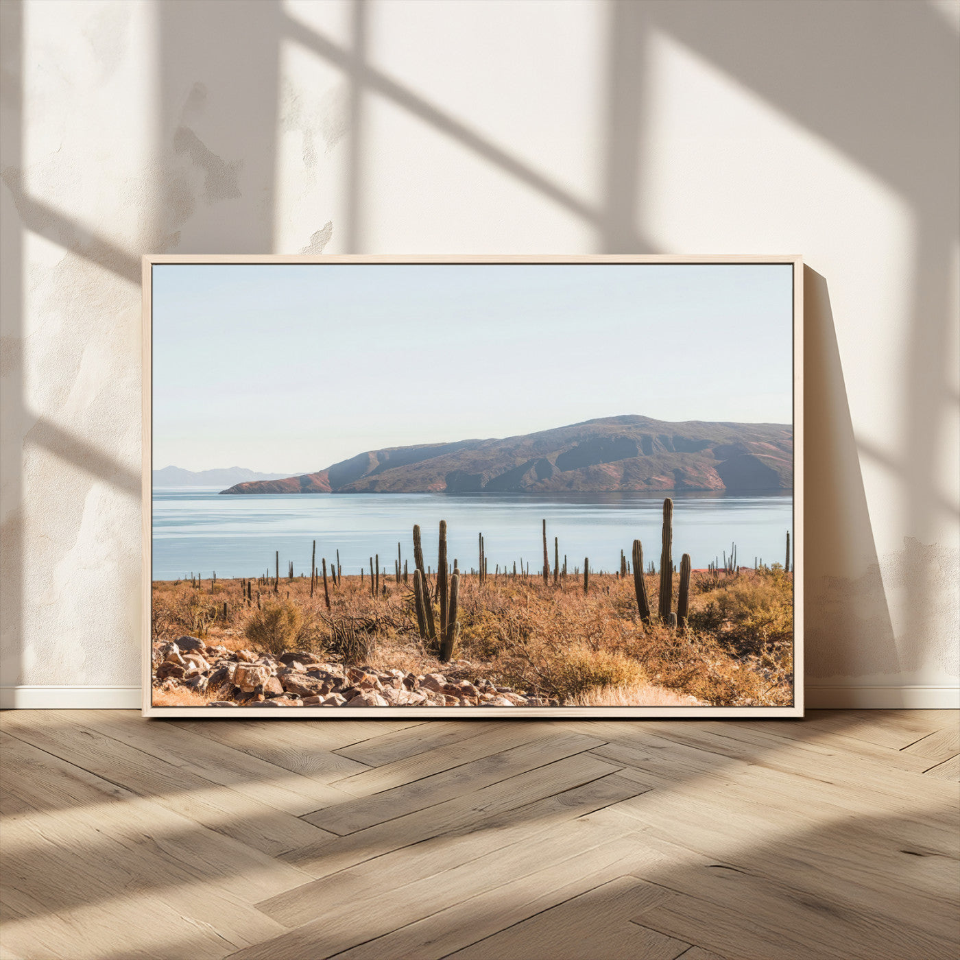 MGV-FC-36X24 - Desert Cactus Wall Art Canvas Print, Framed Baja Coastline Art Picture Print, Coastal Desert Perfect Southwestern Minimalist Decor Artwork