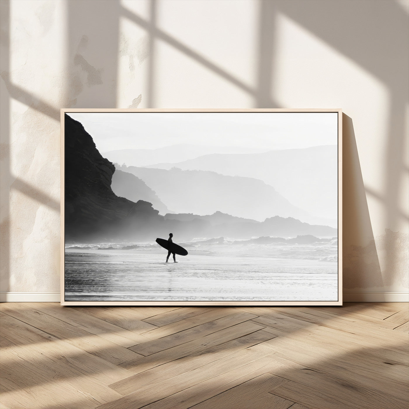 MGV-FC-36X24 - Surfer In Fog Wall Art Canvas Print, Framed Moody Shoreline Art Picture Print, Cliffside Waves Perfect Minimalist Coastal Decor Artwork