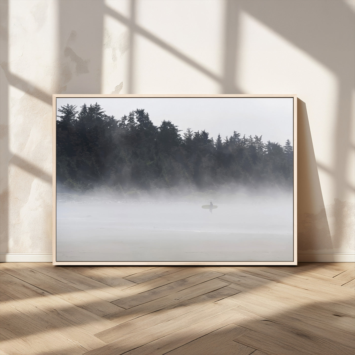 MGV-FC-36X24 - Surfer in Fog Wall Art Canvas Print, Framed Foggy Beach Art Picture Print, Coastal Surf Perfect Moody Coastal Decor Artwork