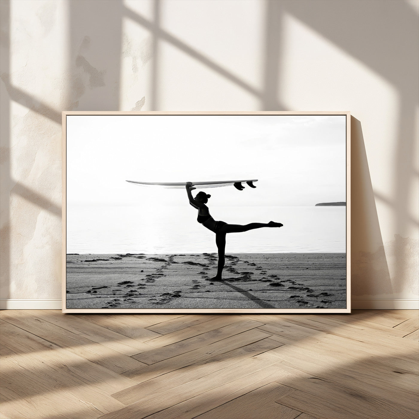 MGV-FC-36X24 - Yoga Surf Wall Art Canvas Print, Framed Black White Shore Art Picture Print, Peaceful Ocean Perfect Minimalist Coastal Decor Artwork