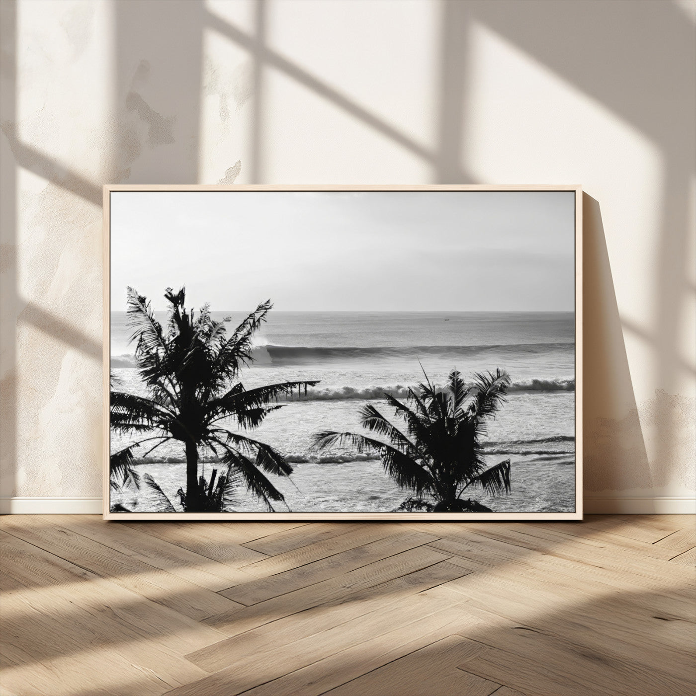 MGV-FC-36X24 - Tropical Coastline Wall Art Canvas Print, Framed Palm Trees Art Picture Print, Ocean Waves Perfect Minimalist Coastal Decor Artwork