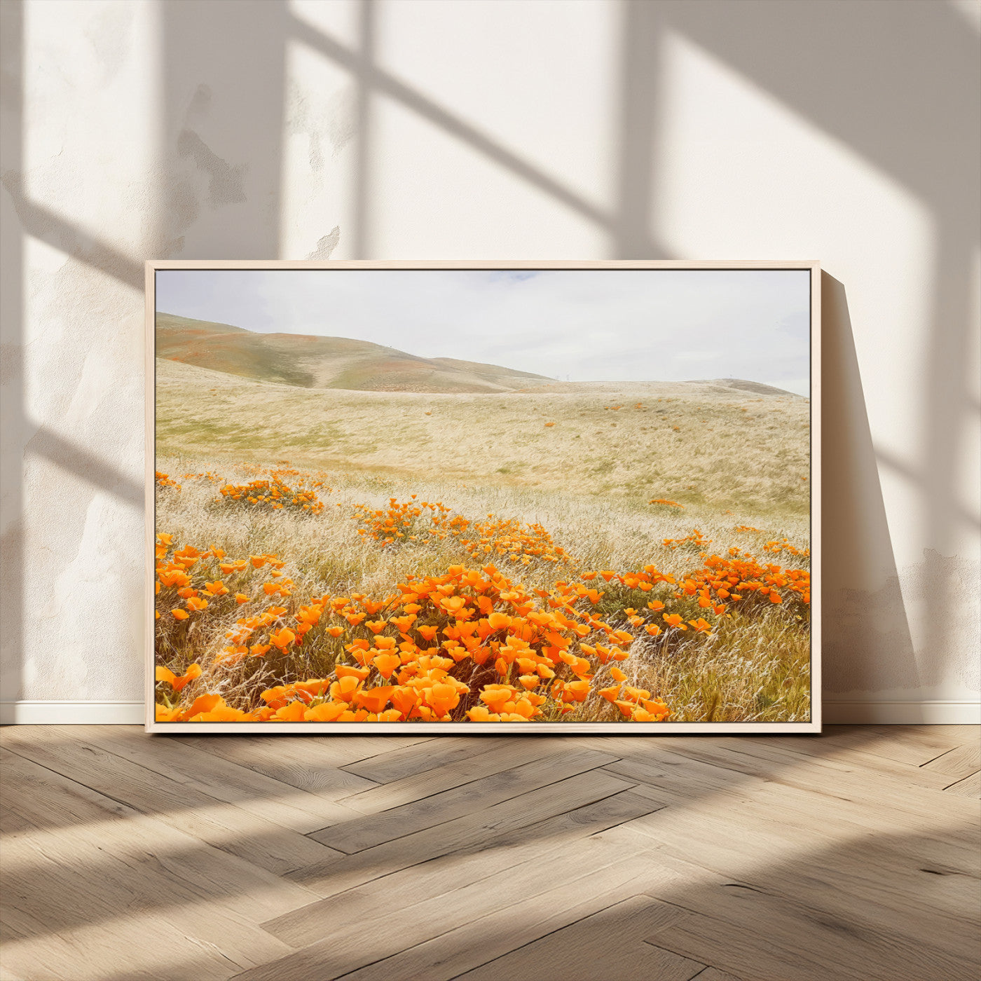 MGV-FC-36X24 - Golden Wildflowers Wall Art Canvas Print, Framed Hills Bloom Art Picture Print, Poppy Meadow Perfect Rustic Nature Decor Artwork