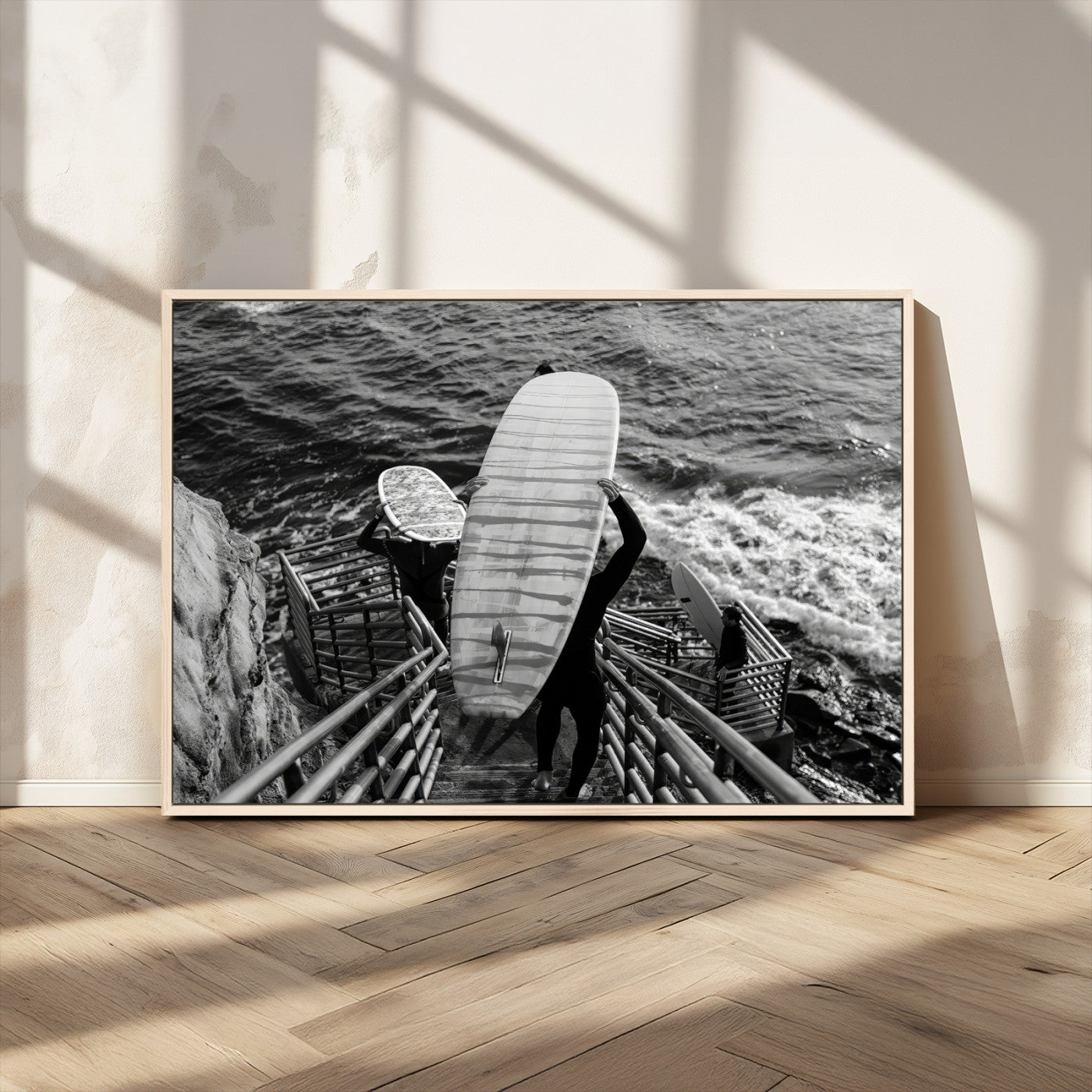 MGV-FC-36X24 - Black White Surfing Wall Art Canvas Print, Framed Coastal Surfing Art Picture Print, Wave Riders Perfect Coastal Adventure Decor Artwork