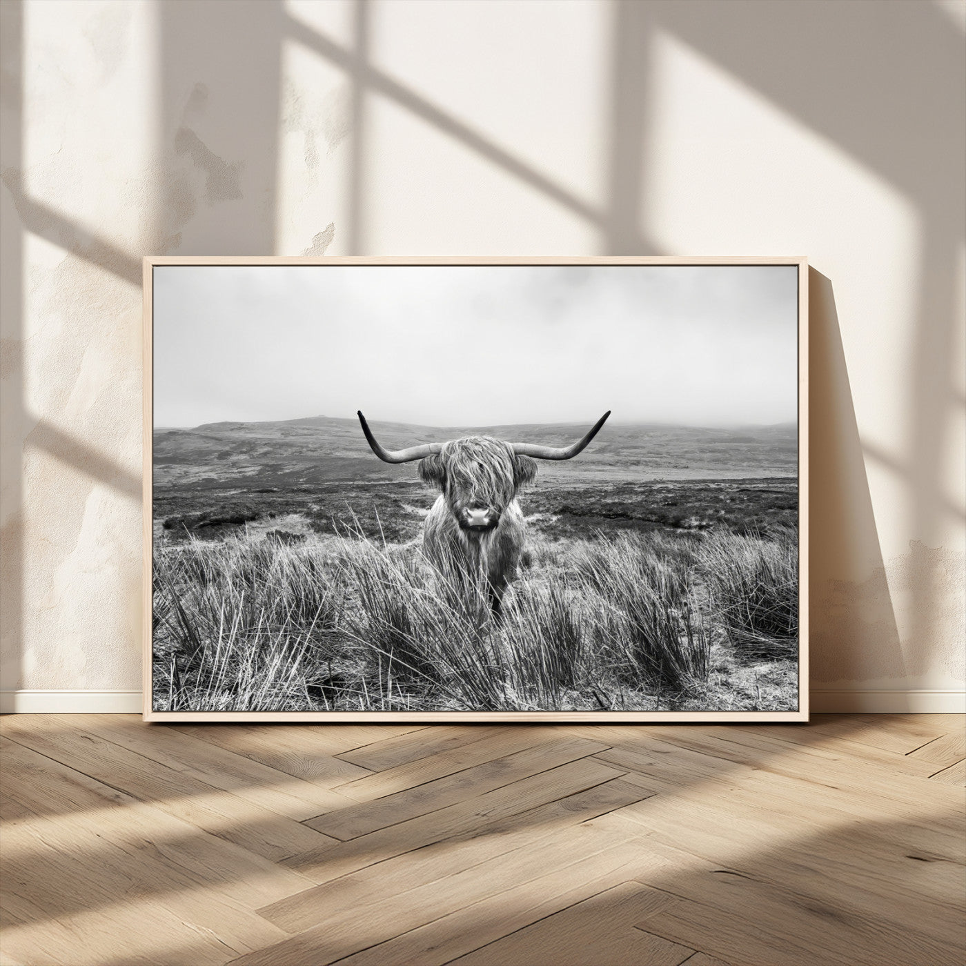 MGV-FC-36X24 - Monochrome Highland Cow Wall Art Canvas Print, Framed Scottish Bull Art Picture Print, Lone Cattle Perfect Rustic Farmhouse Decor Artwork