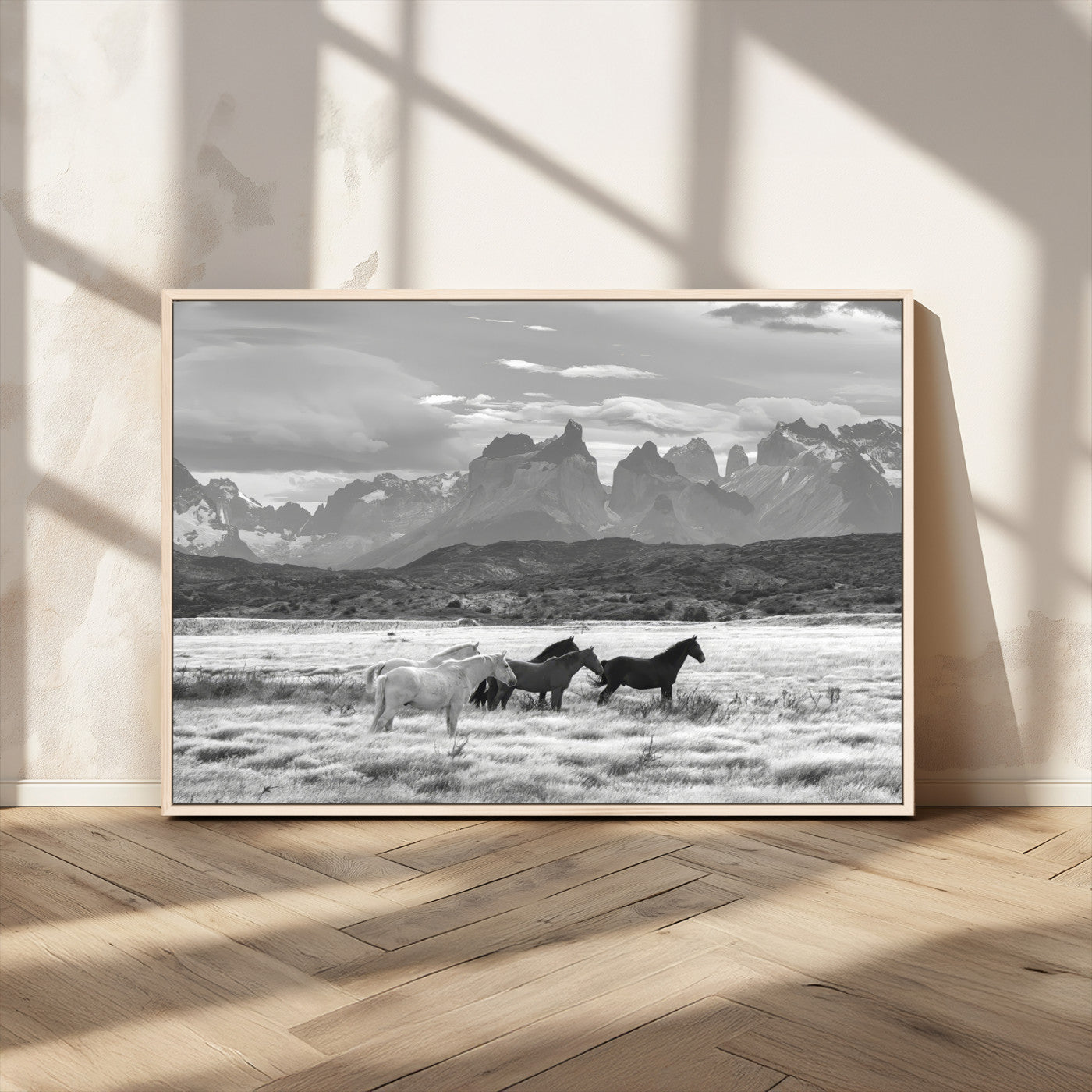 MGV-FC-36X24 - Wild Horses Wall Art Canvas Print, Framed Black White Mountains Art Picture Print, Rustic Countryside Perfect Rustic Western Decor Artwork